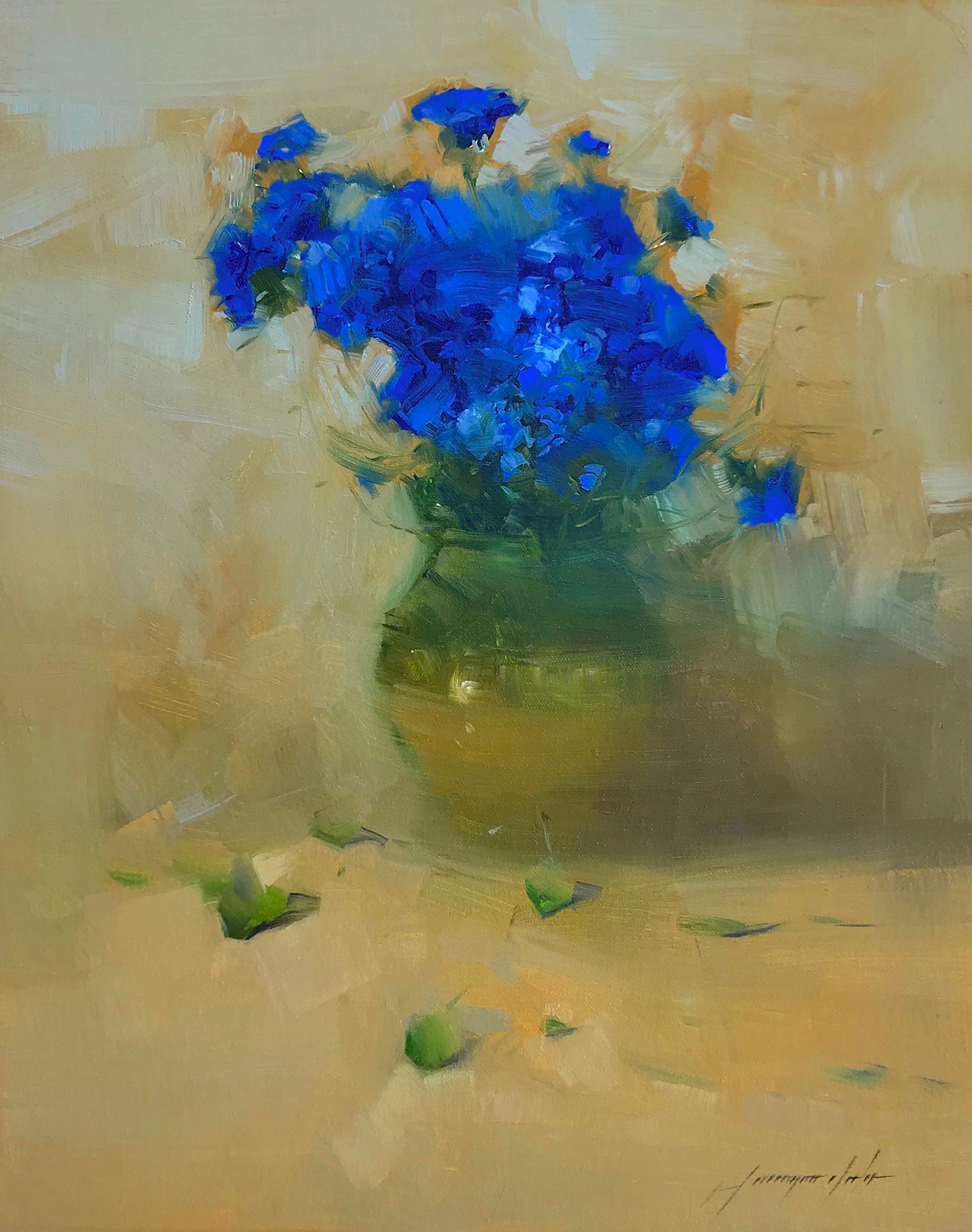 Vahe Yeremyan Still-Life Painting - Vase of Blue flowers, Original Oil Painting, Handmade artwork