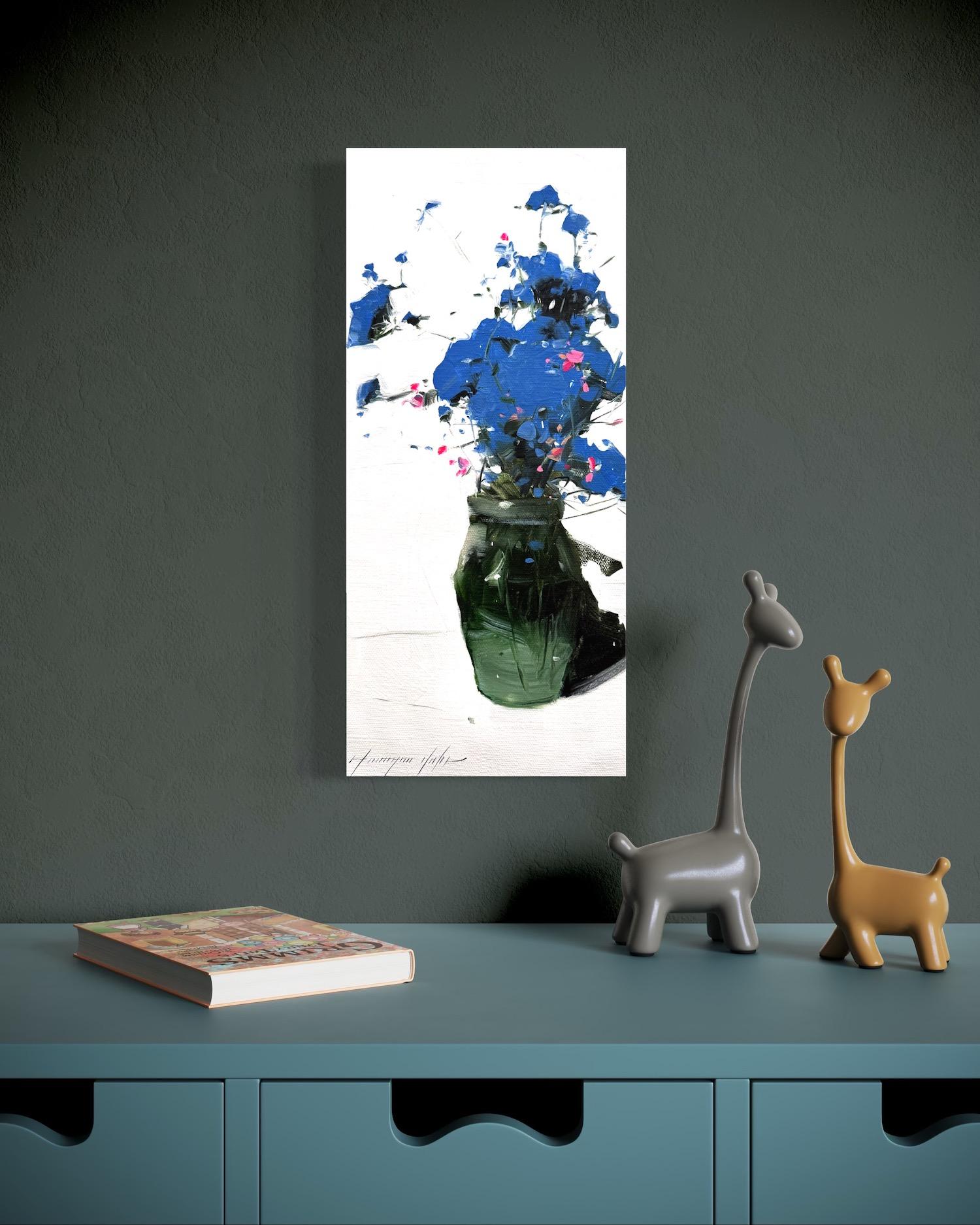 Blumenvase Stillleben Impressionismus Original Ölgemälde, hängefertig (Grau), Still-Life Painting, von Vahe Yeremyan
