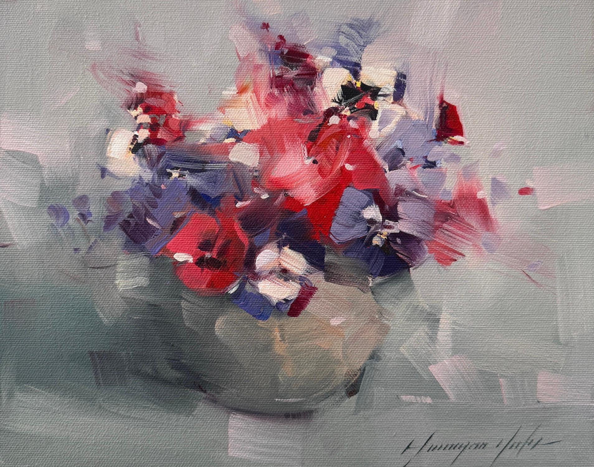 Still-Life Painting Vahe Yeremyan - Nature morte au vase de pensées Peinture à l'huile originale, prête à être accrochée