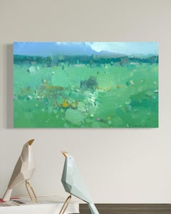 Campo verde Impresionismo Pintura al óleo original, Lista para colgar