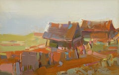 Pueblo en otoño, Paisaje Pintura al óleo original, Lista para colgar
