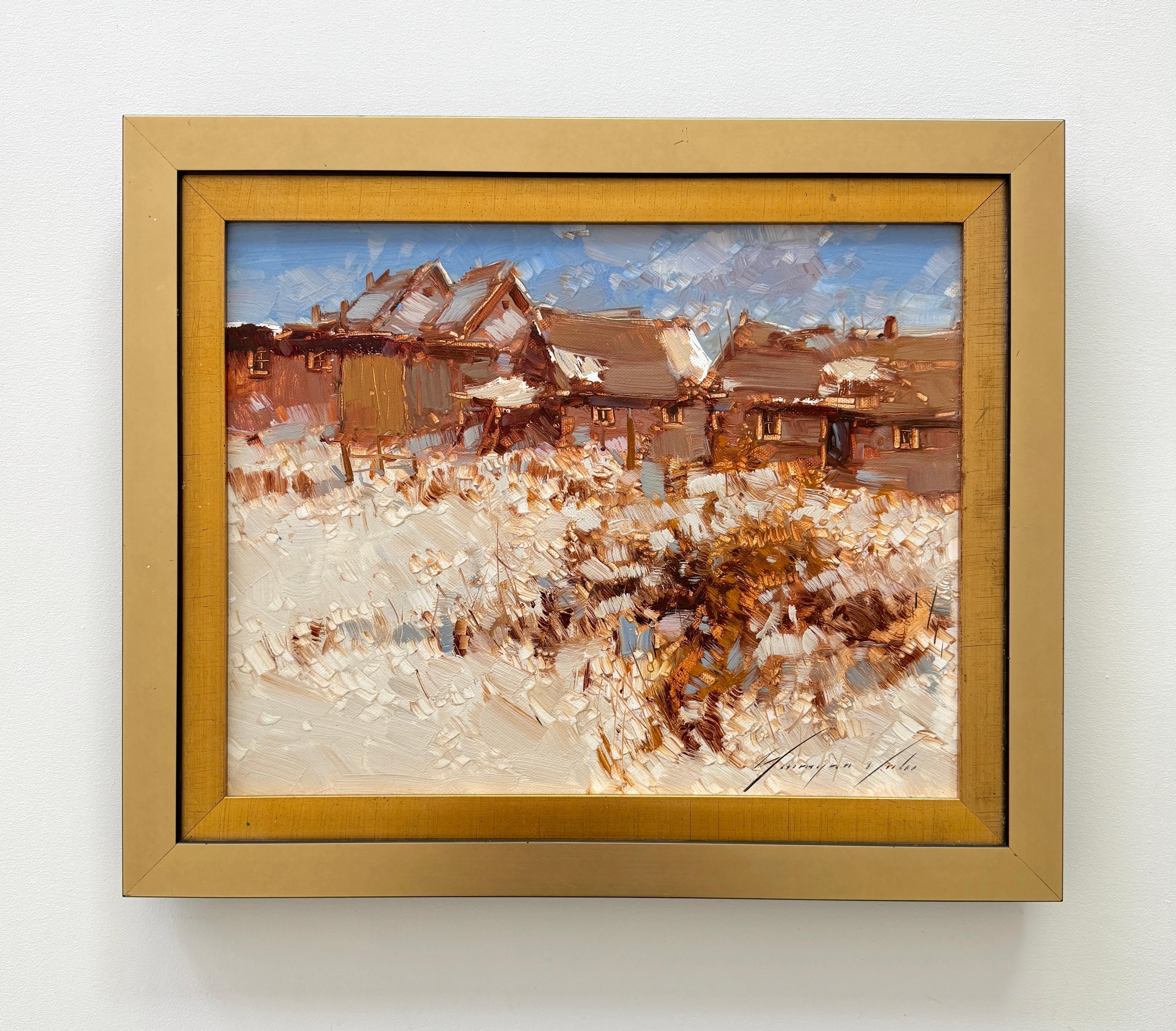Villaggio, opera d'arte di paesaggio, pittura ad olio originale, incorniciata pronta da appendere - Painting di Vahe Yeremyan