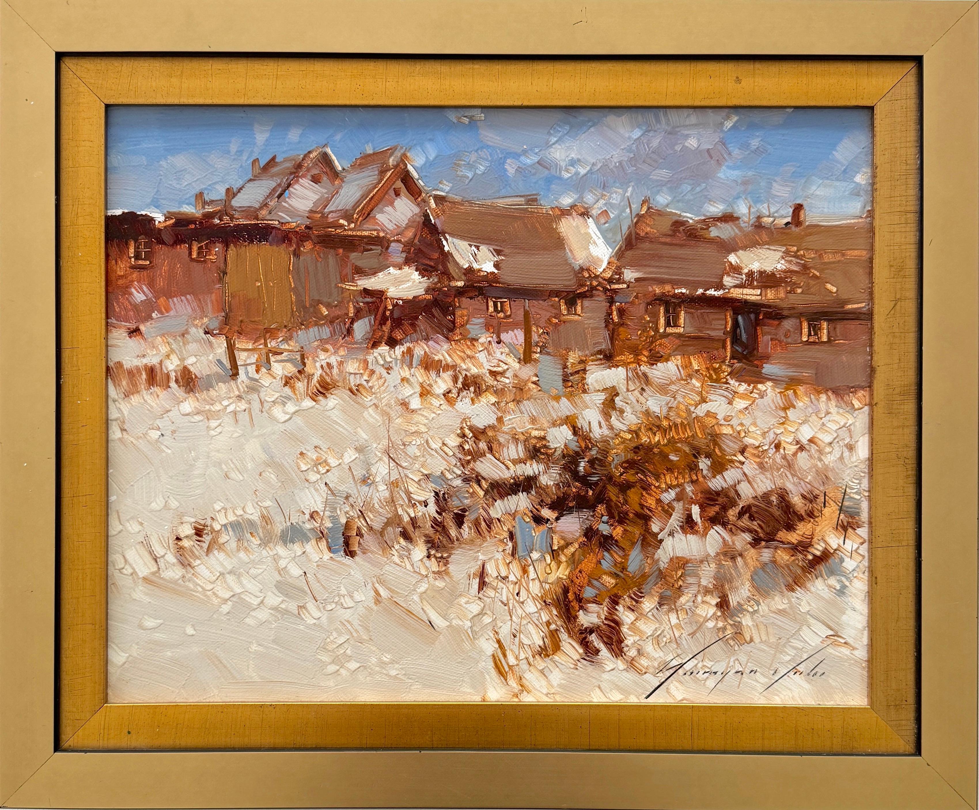 Villaggio, opera d'arte di paesaggio, pittura ad olio originale, incorniciata pronta da appendere - Painting Impressionismo di Vahe Yeremyan