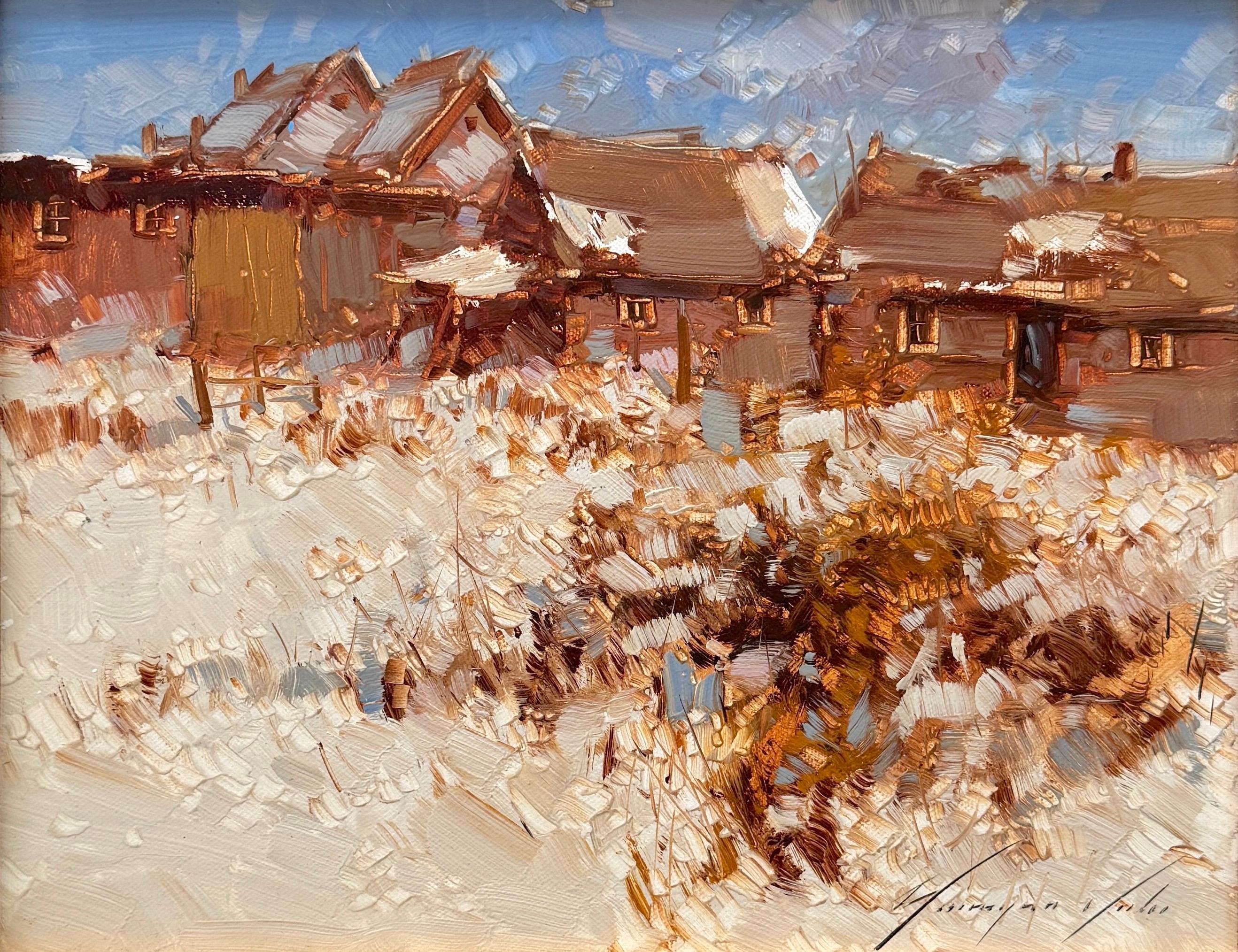 Landscape Painting di Vahe Yeremyan - Villaggio, opera d'arte di paesaggio, pittura ad olio originale, incorniciata pronta da appendere