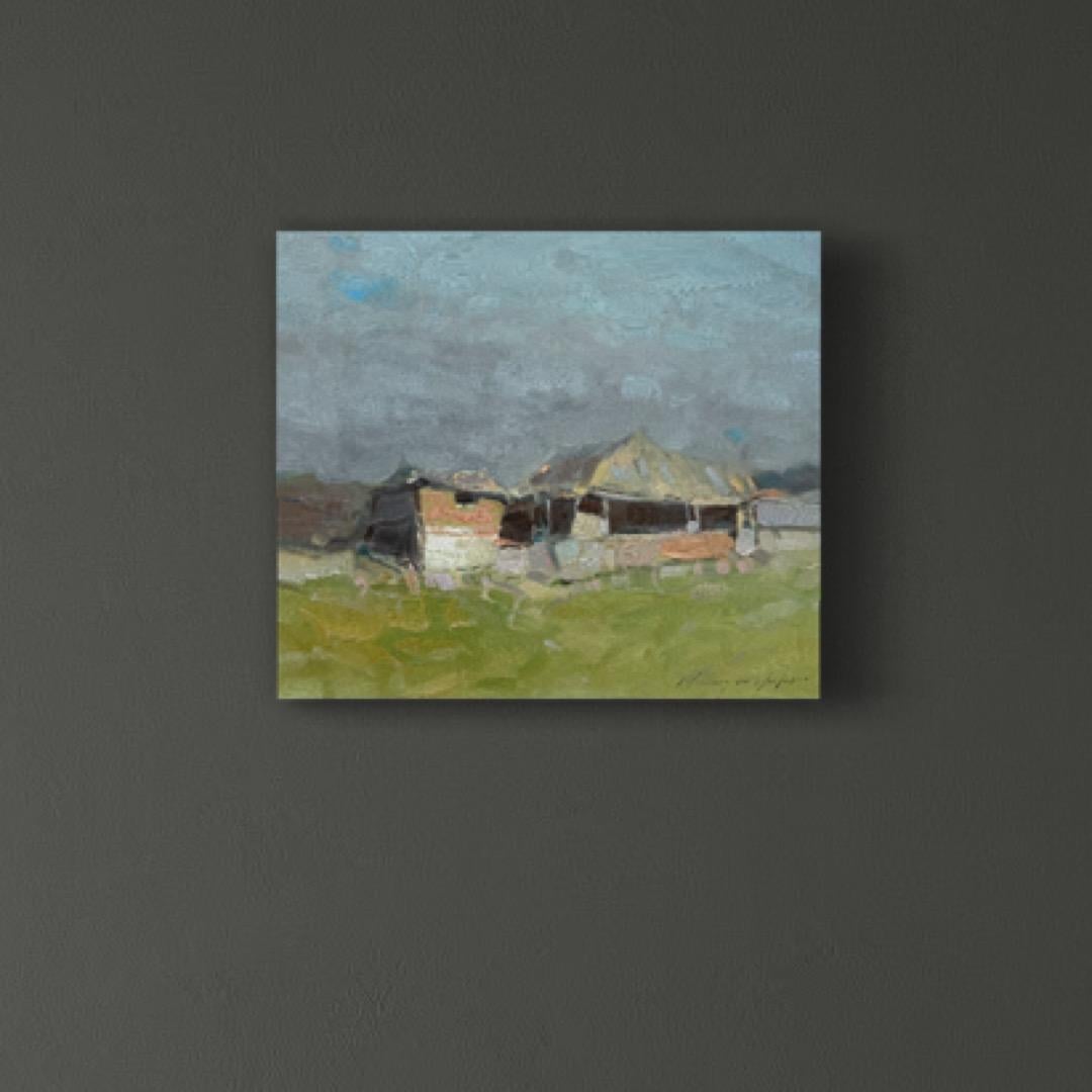 Paisaje de pueblo Impresionismo Pintura al óleo original Lista para colgar - Landscape Painting Gris de Vahe Yeremyan
