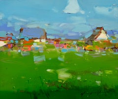 Village, peinture à l'huile originale, prête à être accrochée