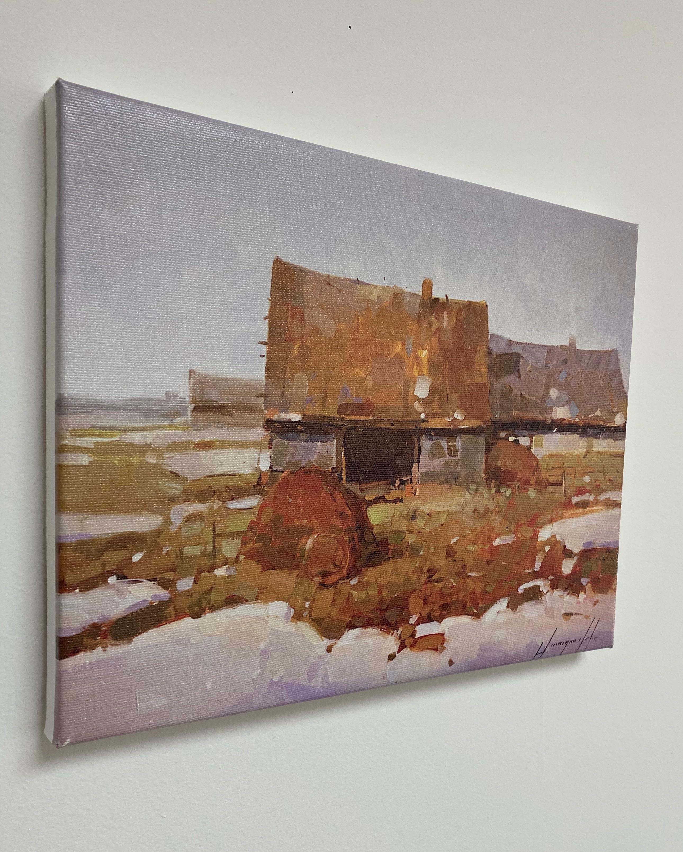 Village Print on Canvas - Brown Landscape Painting by Vahe Yeremyan