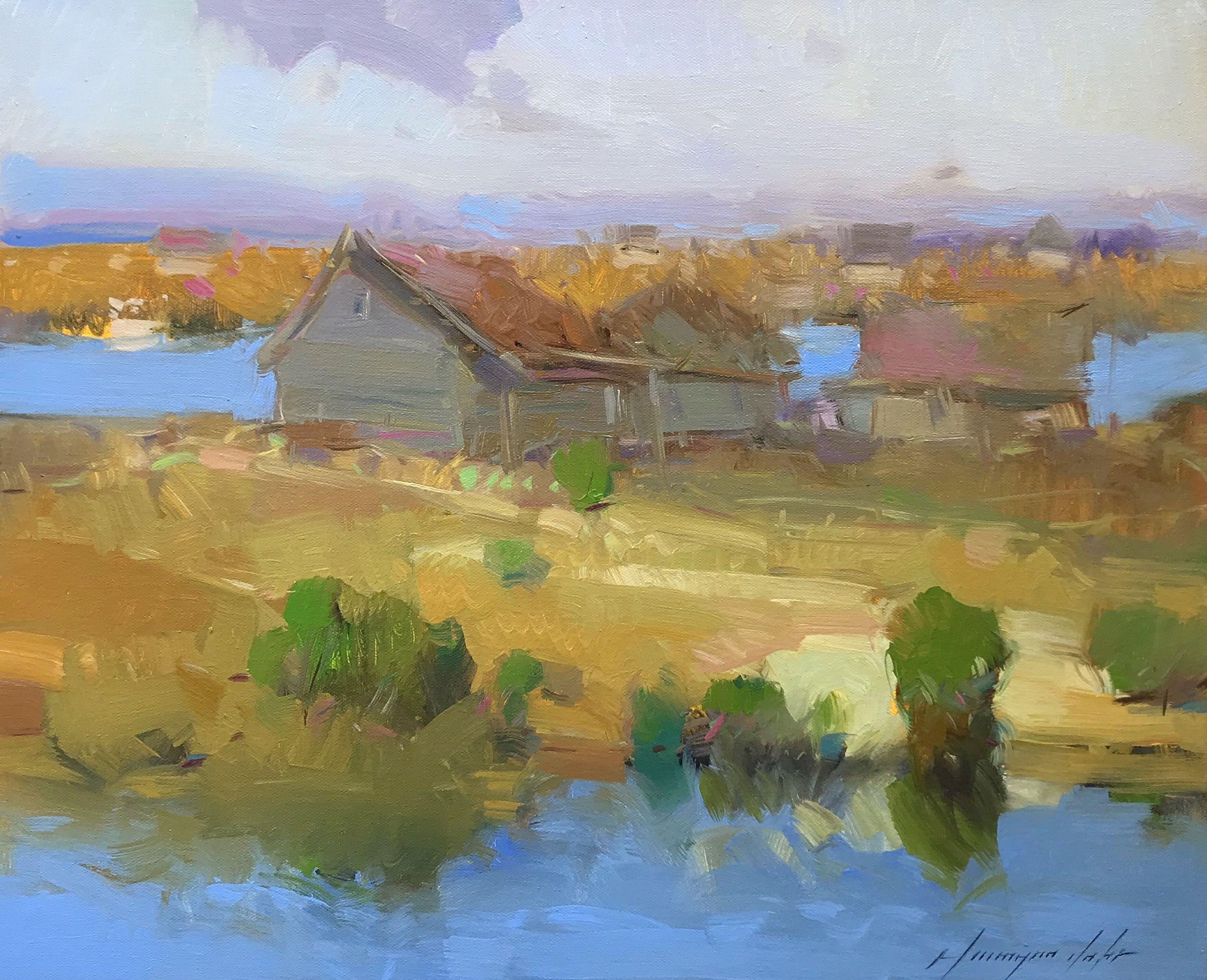 Artist: Vahe Yeremyan  Work: Original Oil Painting, Handmade Artwork, One of a Kind  Medium: Oil on Canvas  Year: 2020  Style: Impressionism,  Subject: Village Side,  Size: 16" x 20" x 0.8'' inch, 41x51x2 cm,  Unframed, Stretched on Wooden Bar,