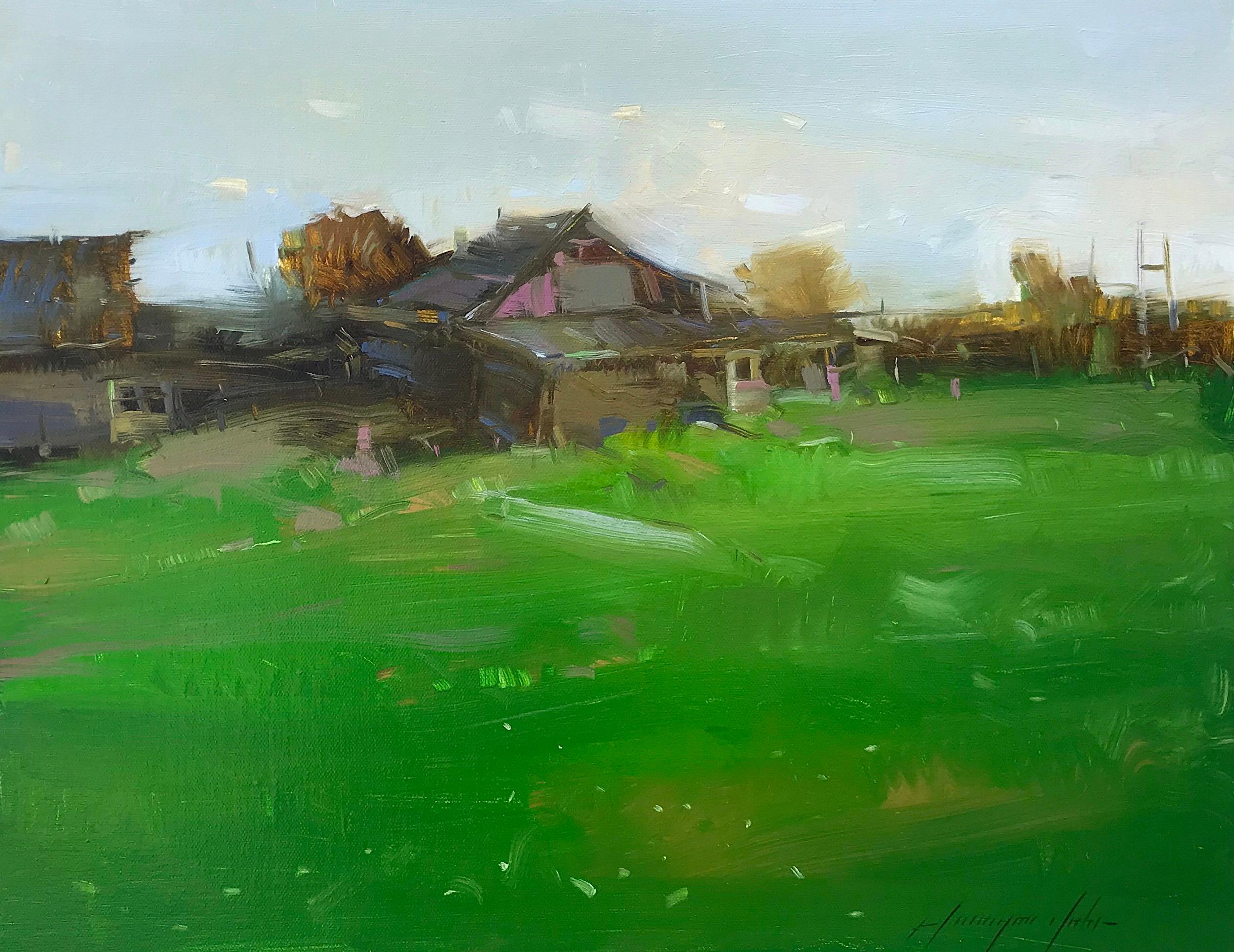 Vahe Yeremyan Landscape Painting - Village Yard, Original Oil Painting, Handmade Artwork
