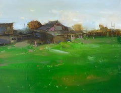Village Yard, Landscape Original Oil Painting, Handmade Artwork