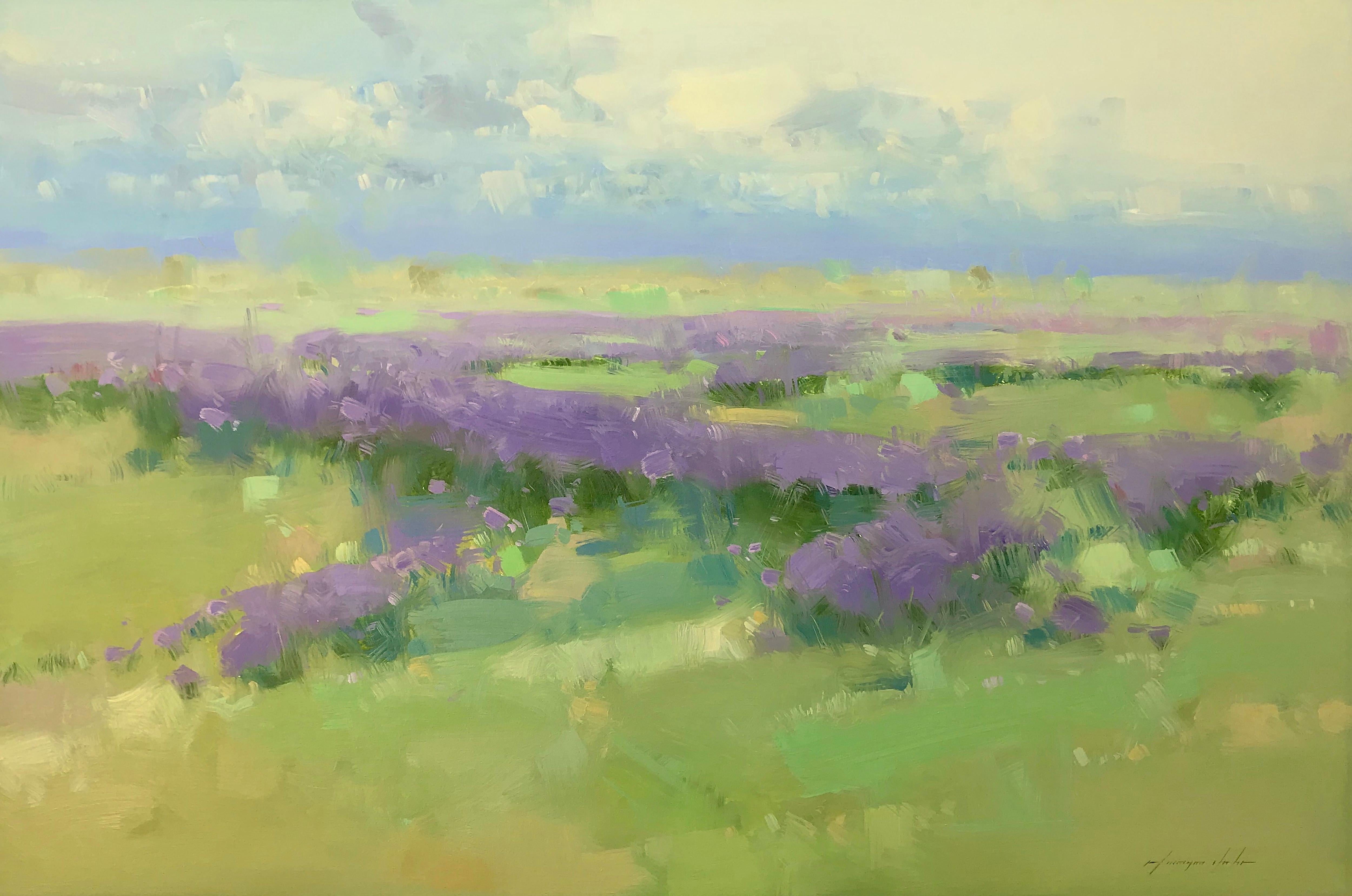Vahe Yeremyan Landscape Painting - Violet Meadow, Original Oil Painting, Handmade artwork