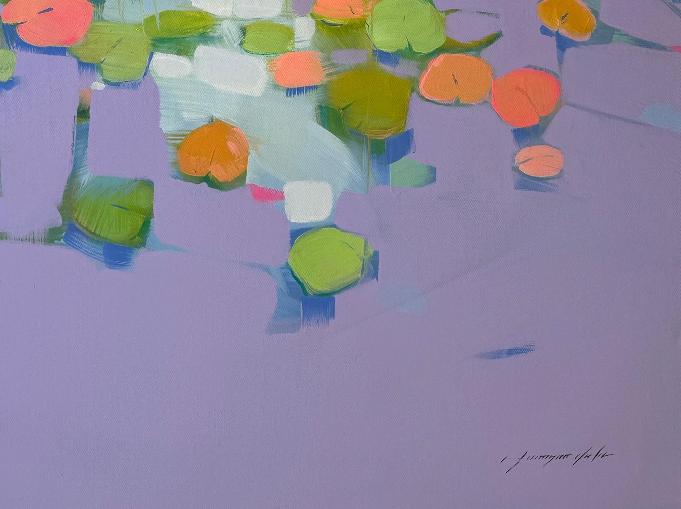 Waterlilies Contemporary art Flowers Original oil Painting, Ready to Hang - Gray Landscape Painting by Vahe Yeremyan