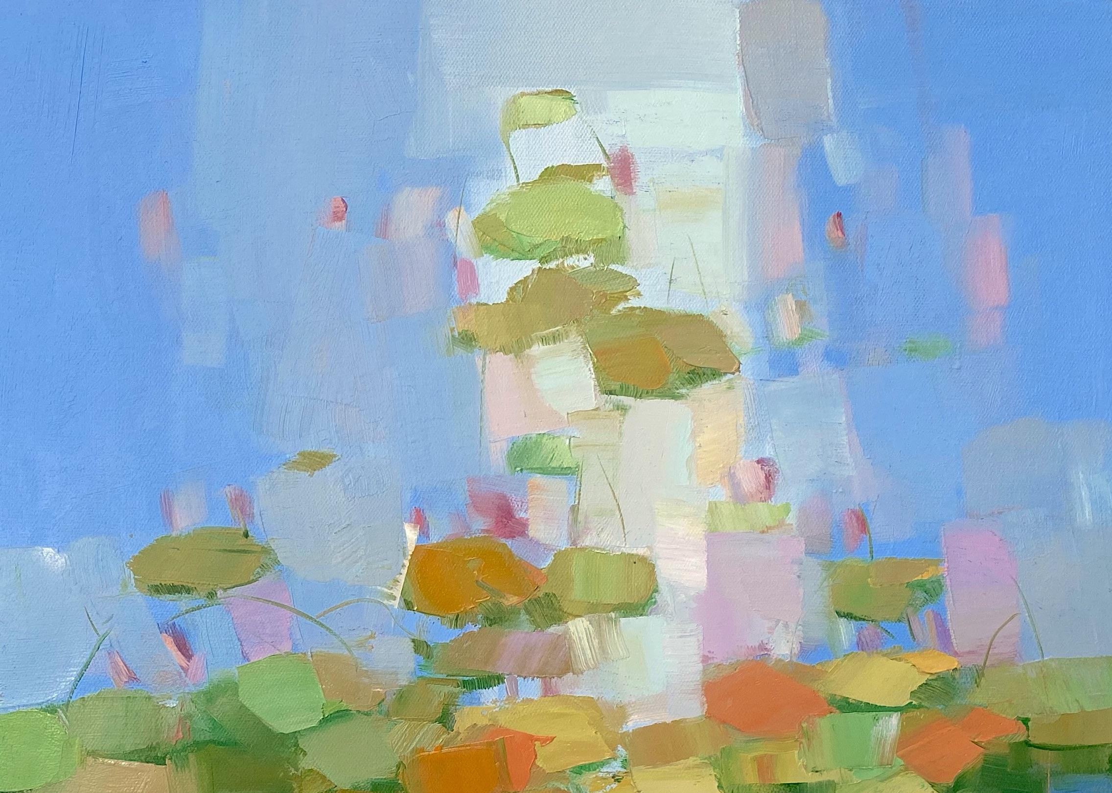 <p>Artist Comments<br />Rendered with a palette knife, artist Vahe Yeremyan captured these serene waterlilies in an abstract display of greens, orange, and pink on a diaphanous blue. The lilypads and pink flowers seemingly dance on the cool pond and