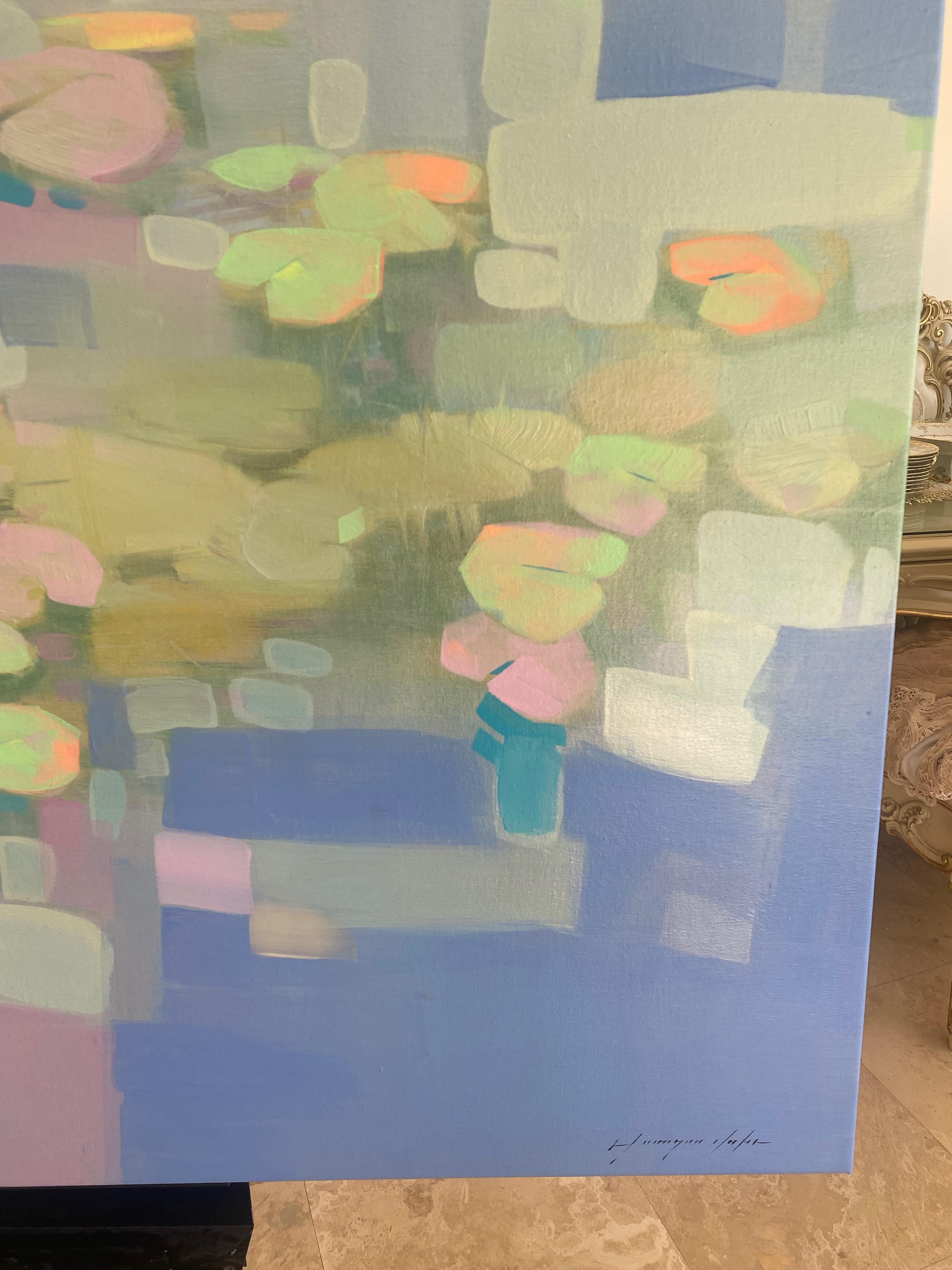Ninfee in Perla Arte astratta Pittura ad olio originale di grandi dimensioni pronta da appendere - Landscape Painting Grigio di Vahe Yeremyan