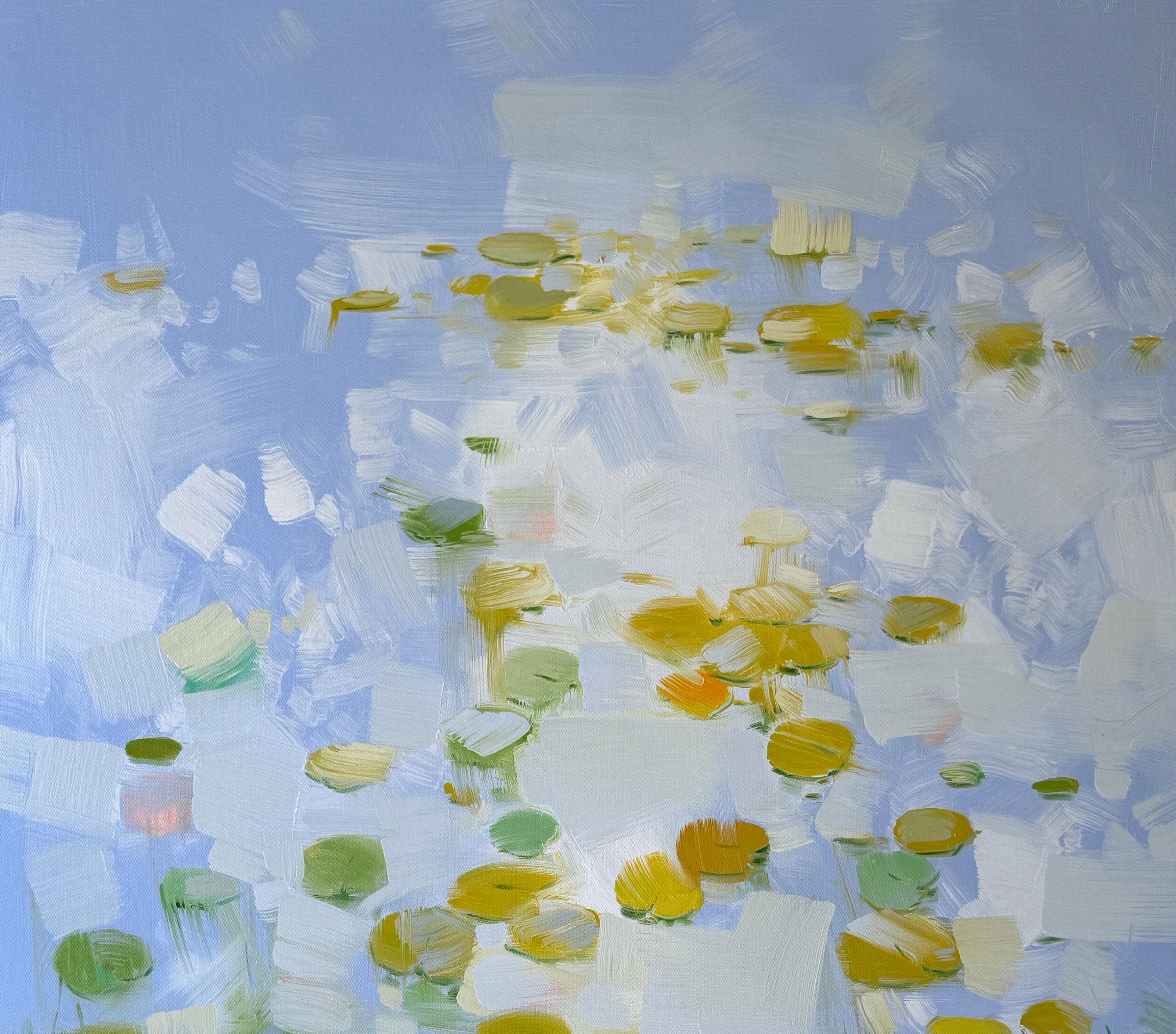 Ninfee, Pittura ad olio originale, pronta da appendere - Landscape Painting Blu di Vahe Yeremyan