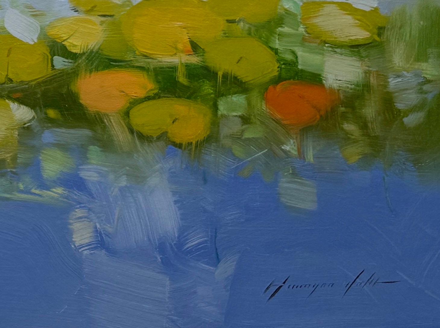 Waterlilies-Teich, Original-Ölgemälde in Öl, hängefertig (Grau), Landscape Painting, von Vahe Yeremyan