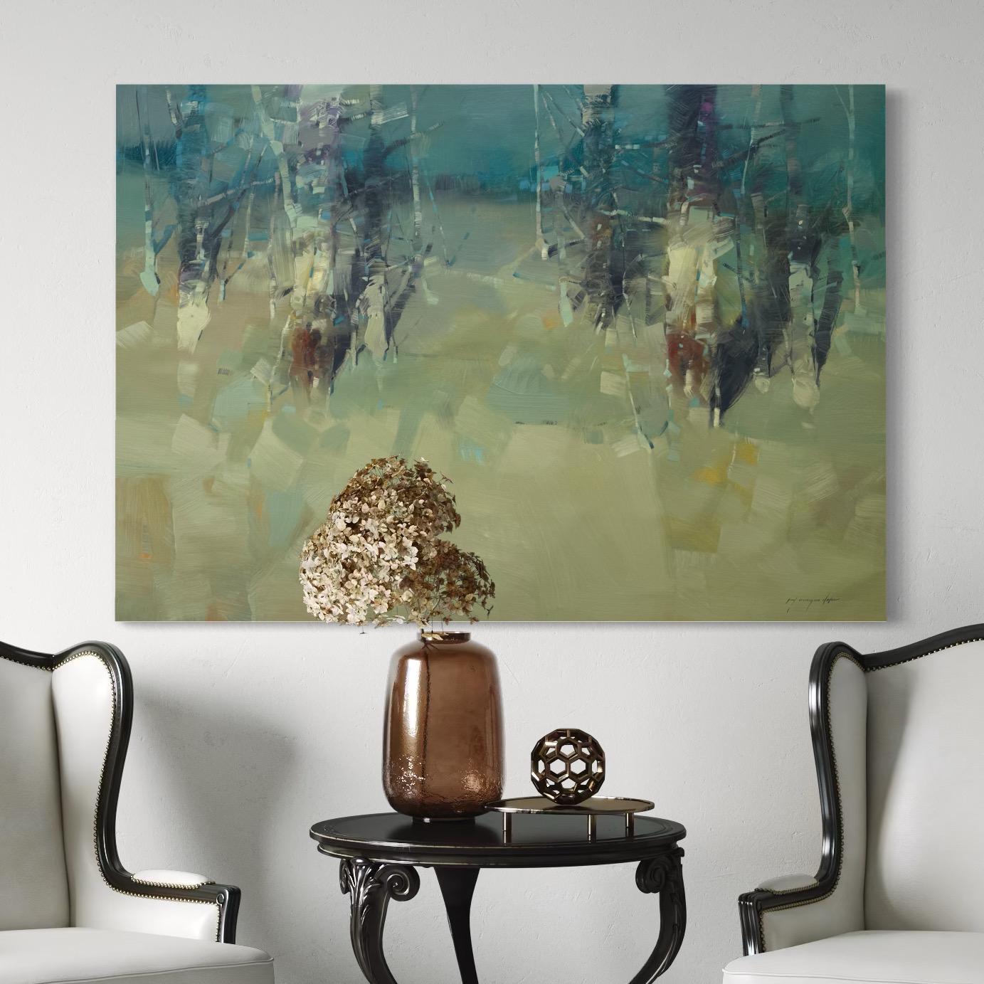 Whispering Pines, Paesaggio Impressionista Pittura ad olio originale, pronta da appendere - Abstract Painting Grigio di Vahe Yeremyan