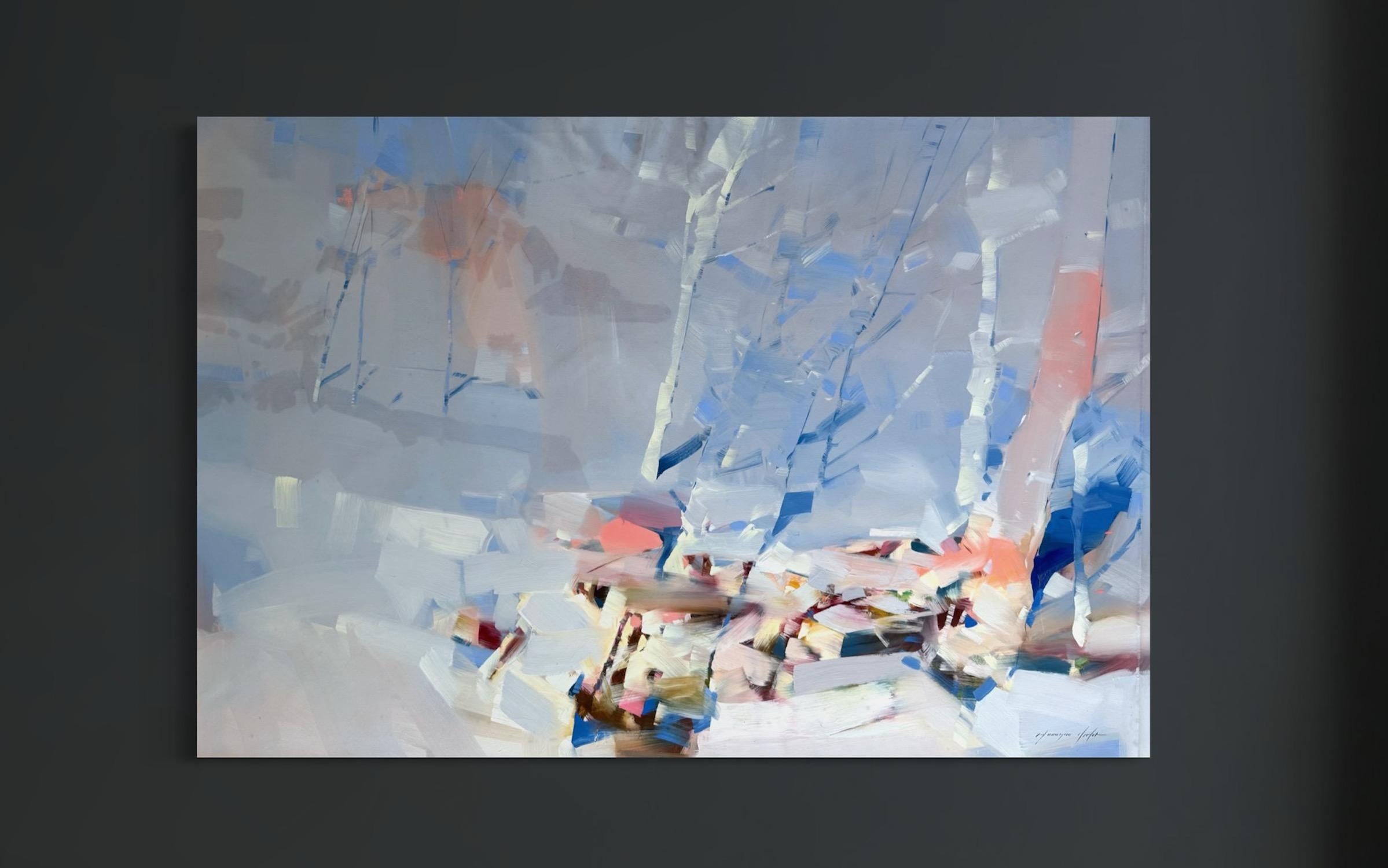 Winter Aspen Landschaft Zeitgenössische Kunst Original Ölgemälde, hängefertig (Grau), Landscape Painting, von Vahe Yeremyan