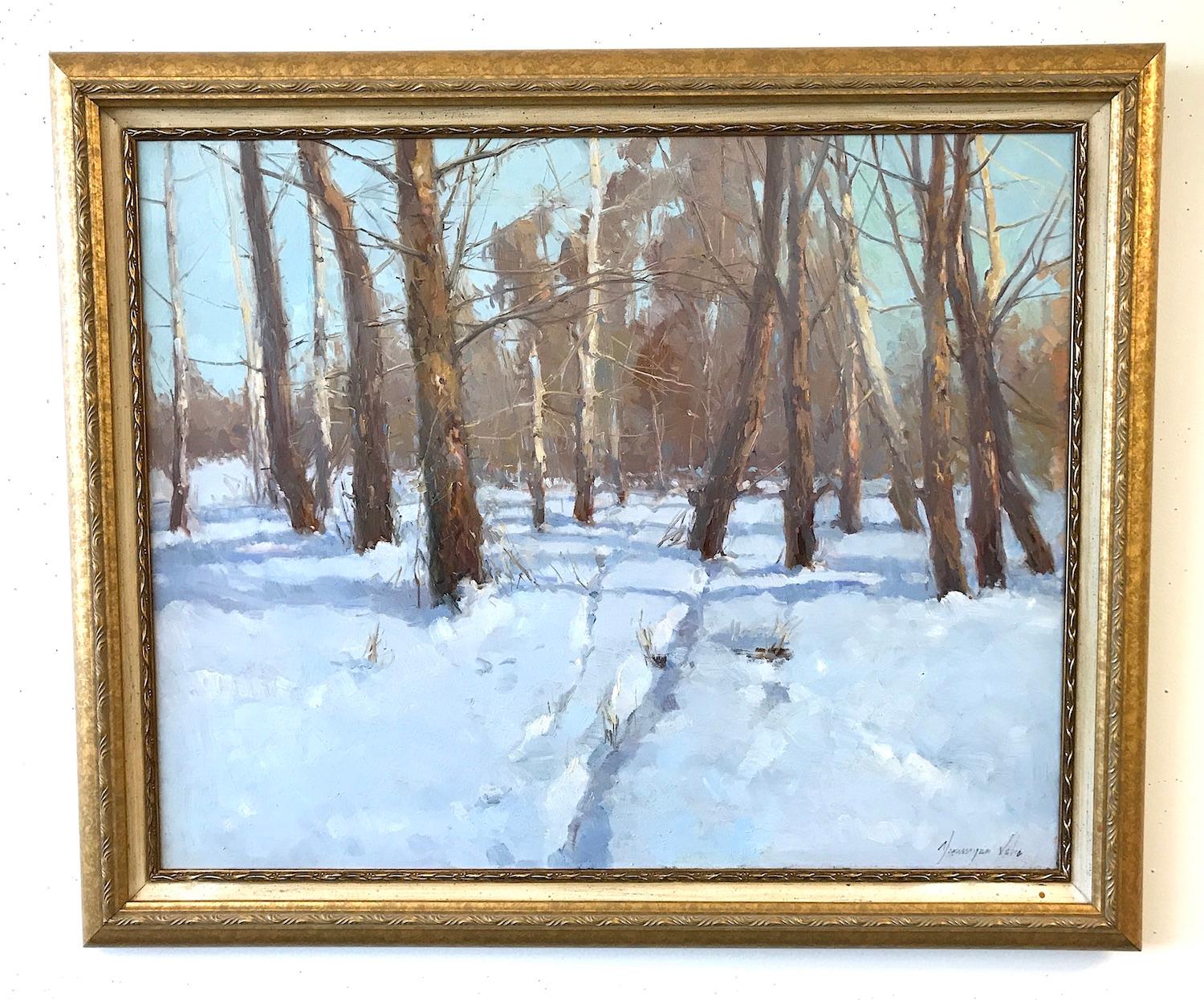 Winter Landscape Original oil Painting, Ready to Hang - Blue Landscape Painting by Vahe Yeremyan