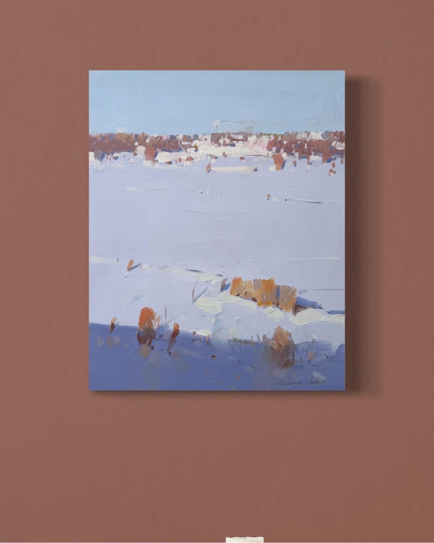 Winter Morning Landscape Impressionismus Original Ölgemälde, hängefertig (Grau), Landscape Painting, von Vahe Yeremyan
