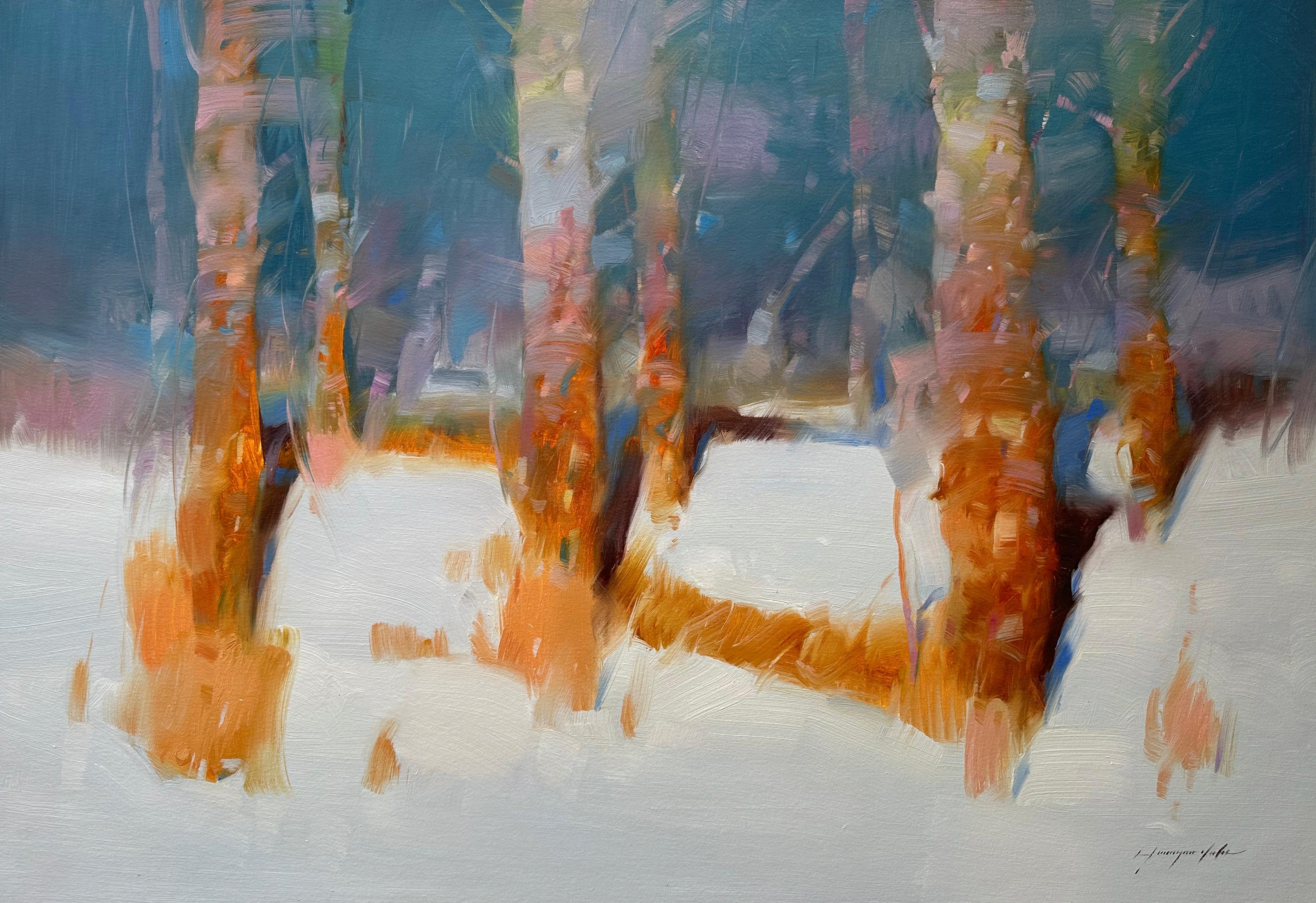 Vahe Yeremyan Landscape Painting – Winter Morgen, Impressionismus, Original-Ölgemälde in Öl, hängefertig