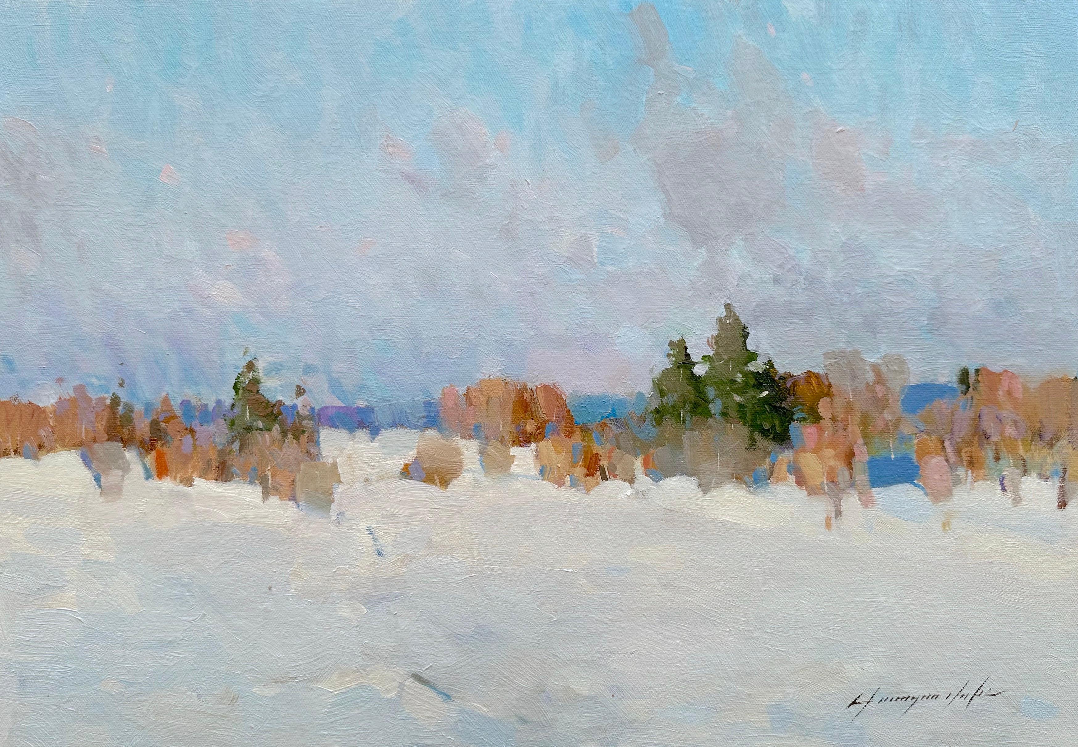 Vahe Yeremyan Landscape Painting – Winter Morgen, Original-Ölgemälde, fertig zum Hängen