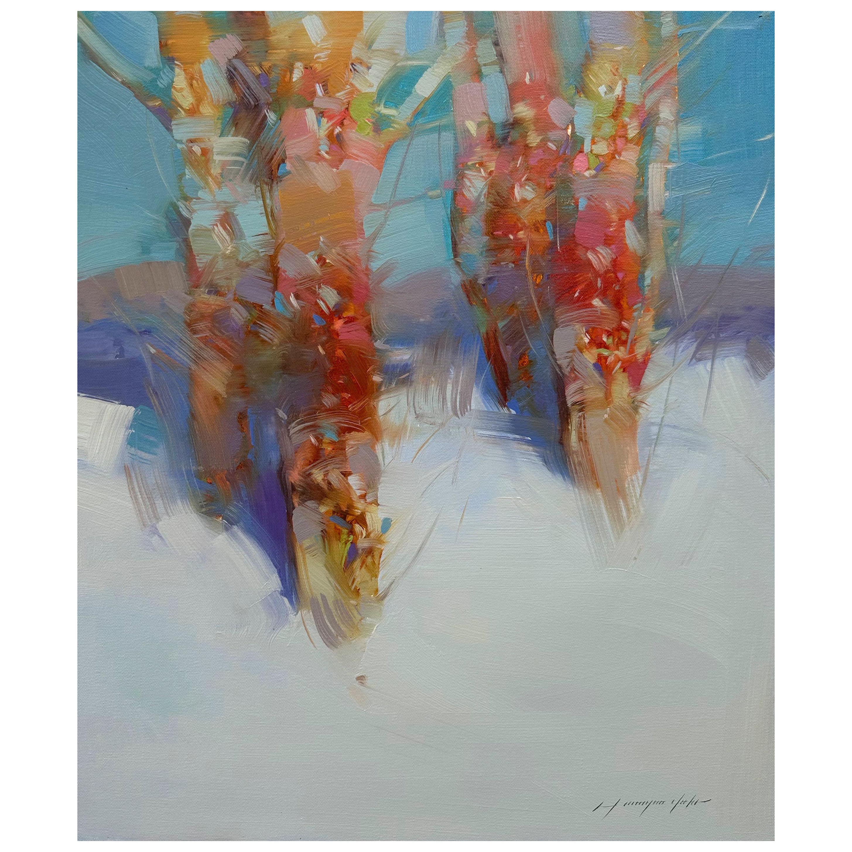 Abstract Painting di Vahe Yeremyan - Alberi d'inverno, opera d'arte di paesaggio, pittura ad olio originale, pronta da appendere