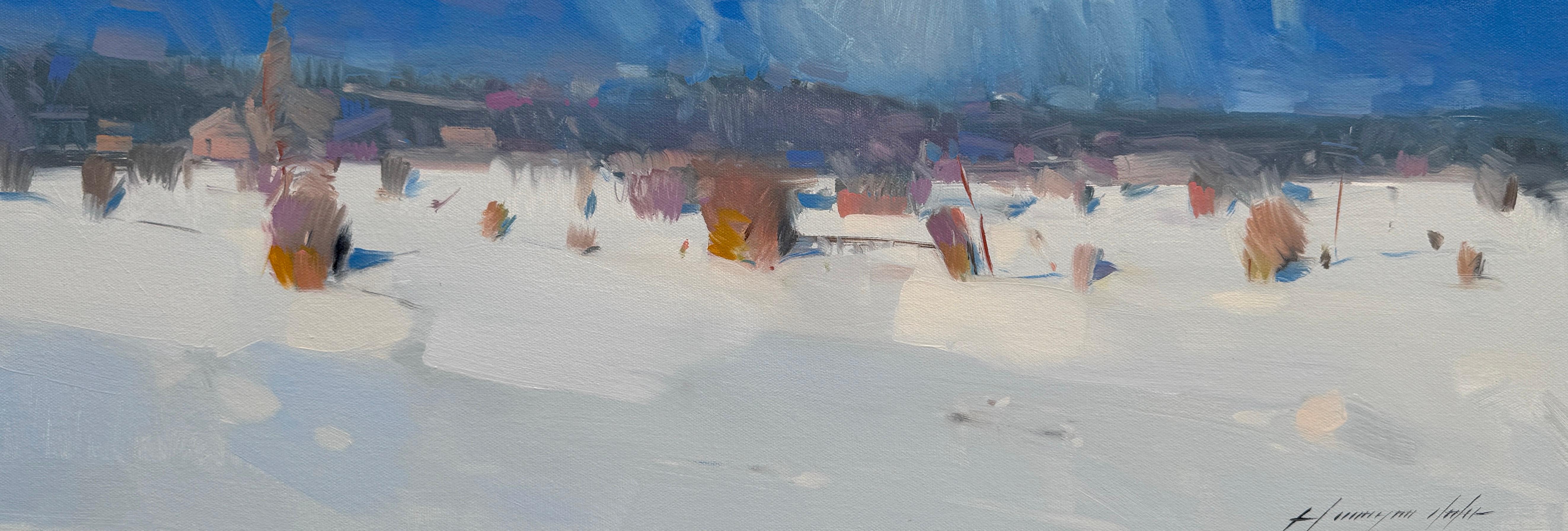 Landscape Painting di Vahe Yeremyan - Paesaggio della valle d'inverno Impressionismo Pittura ad olio originale, pronta da appendere