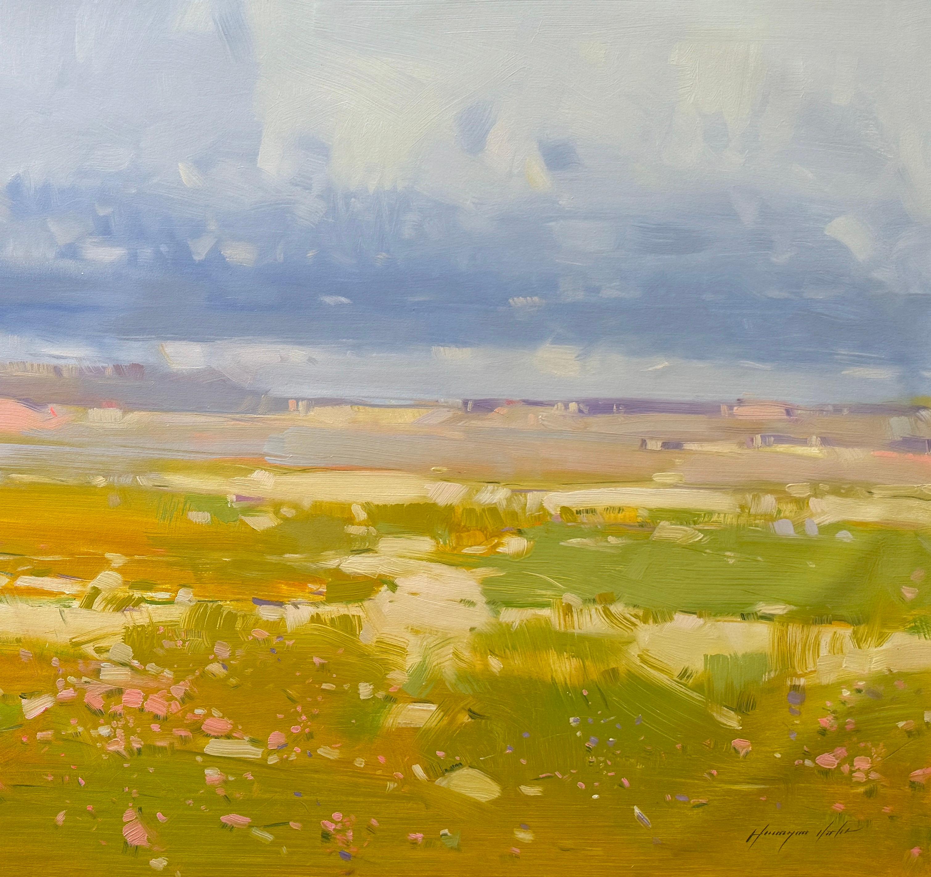 Paesaggio di Yellow Hill Impressionismo Pittura ad olio originale, pronta da appendere - Painting di Vahe Yeremyan