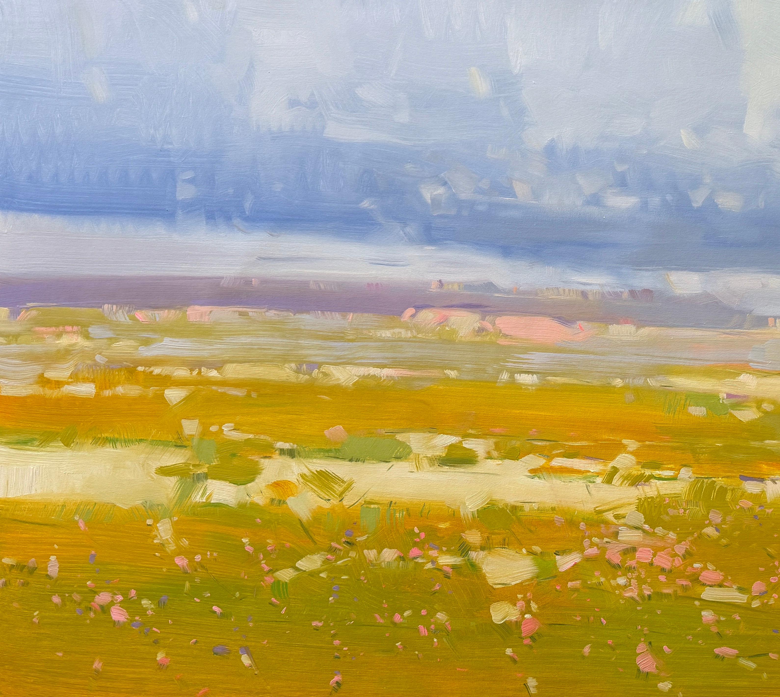 Paesaggio di Yellow Hill Impressionismo Pittura ad olio originale, pronta da appendere - Landscape Painting Grigio di Vahe Yeremyan