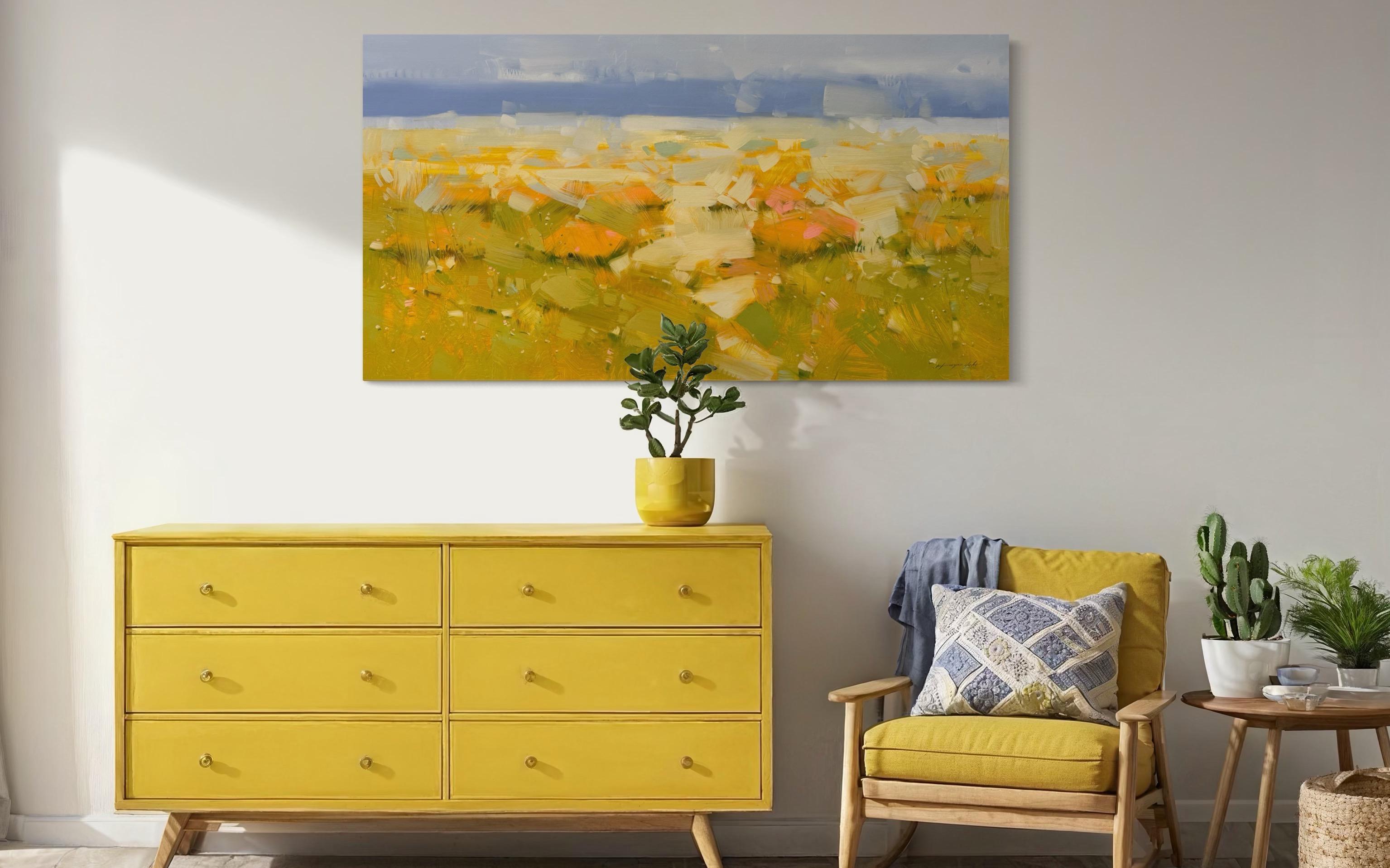 Paesaggio di papaveri gialli Impressionismo Pittura ad olio originale, pronta da appendere - Painting di Vahe Yeremyan