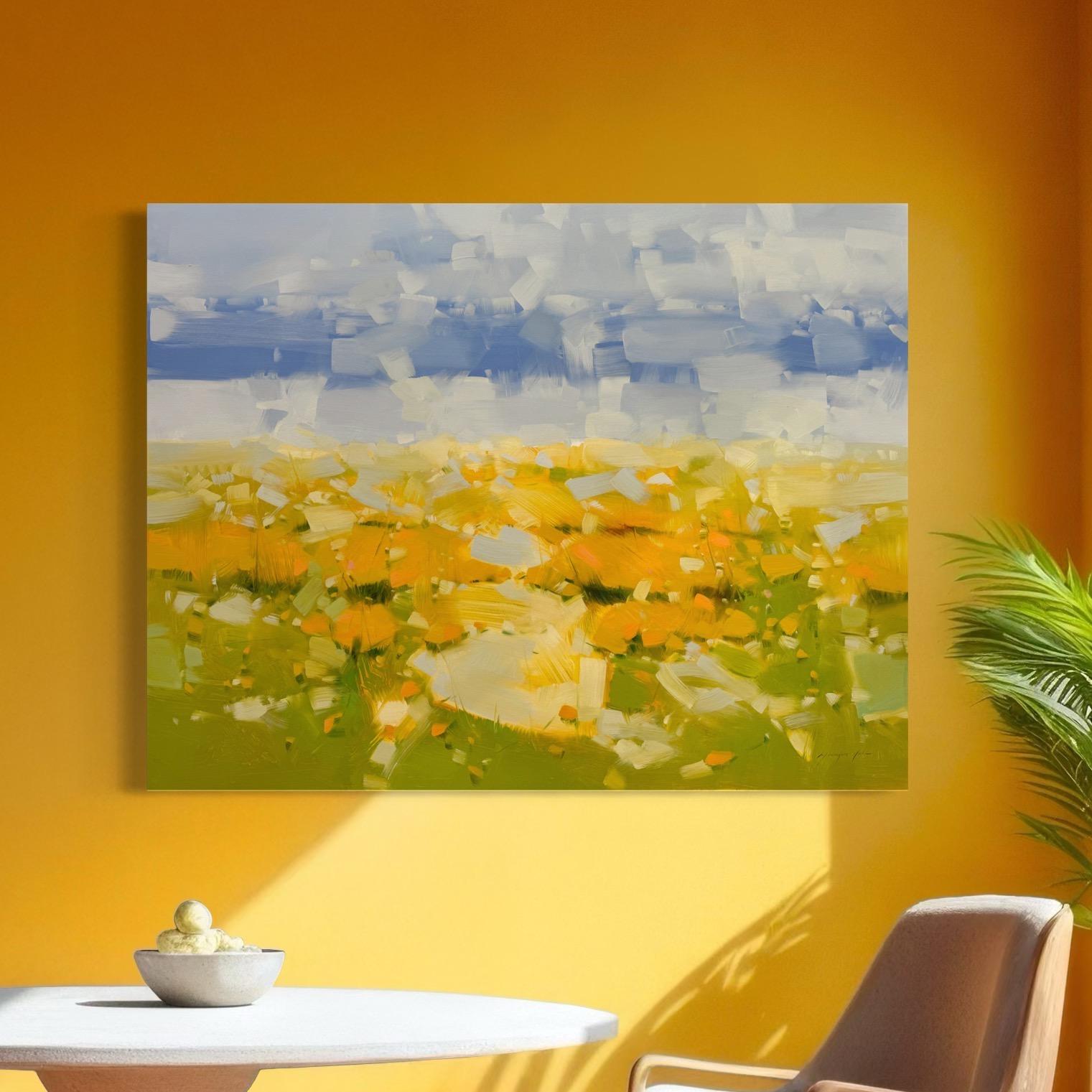 Amapolas amarillas Paisaje Impresionismo Pintura al óleo original, Lista para colgar - Painting de Vahe Yeremyan