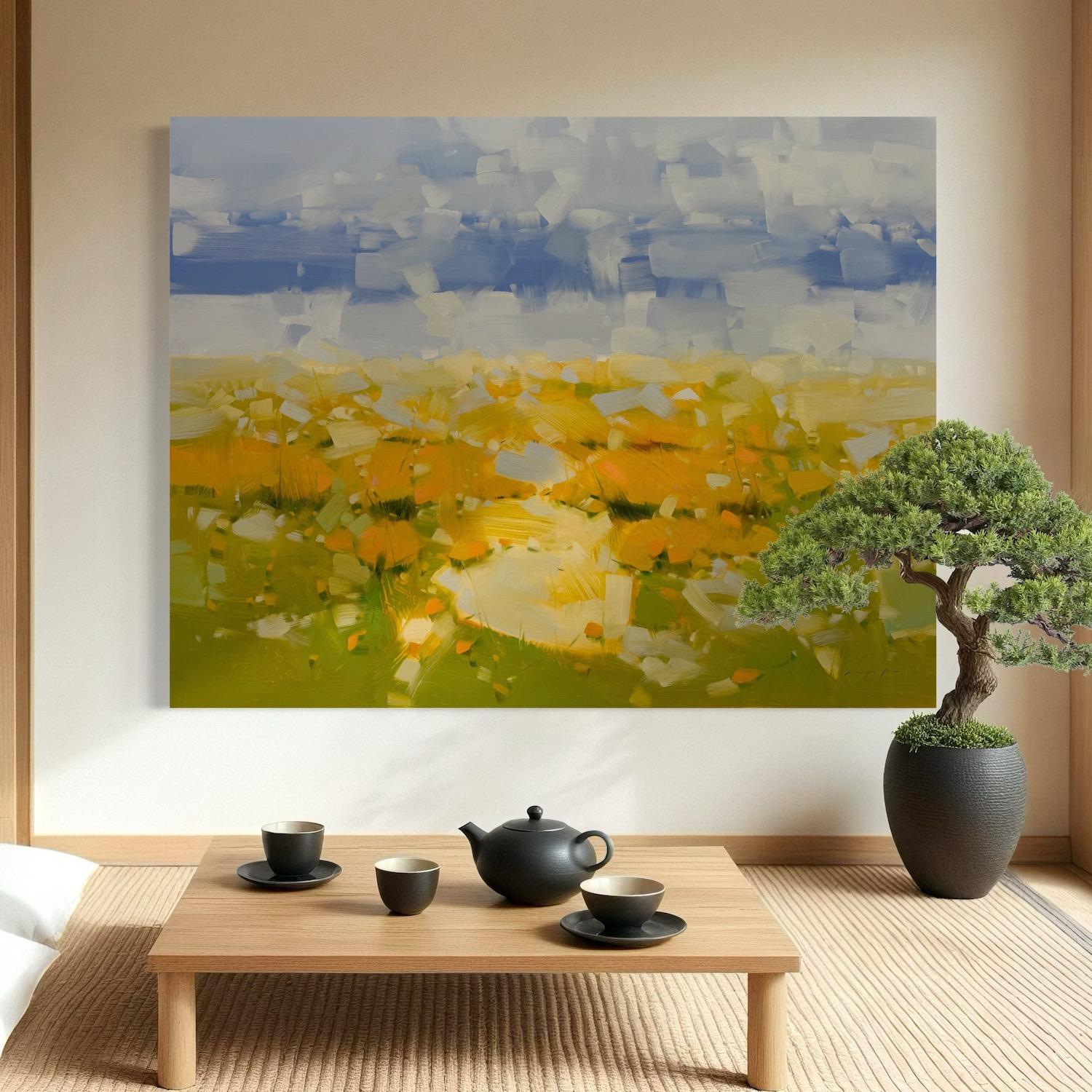 Amapolas amarillas Paisaje Impresionismo Pintura al óleo original, Lista para colgar - Landscape Painting Amarillo de Vahe Yeremyan