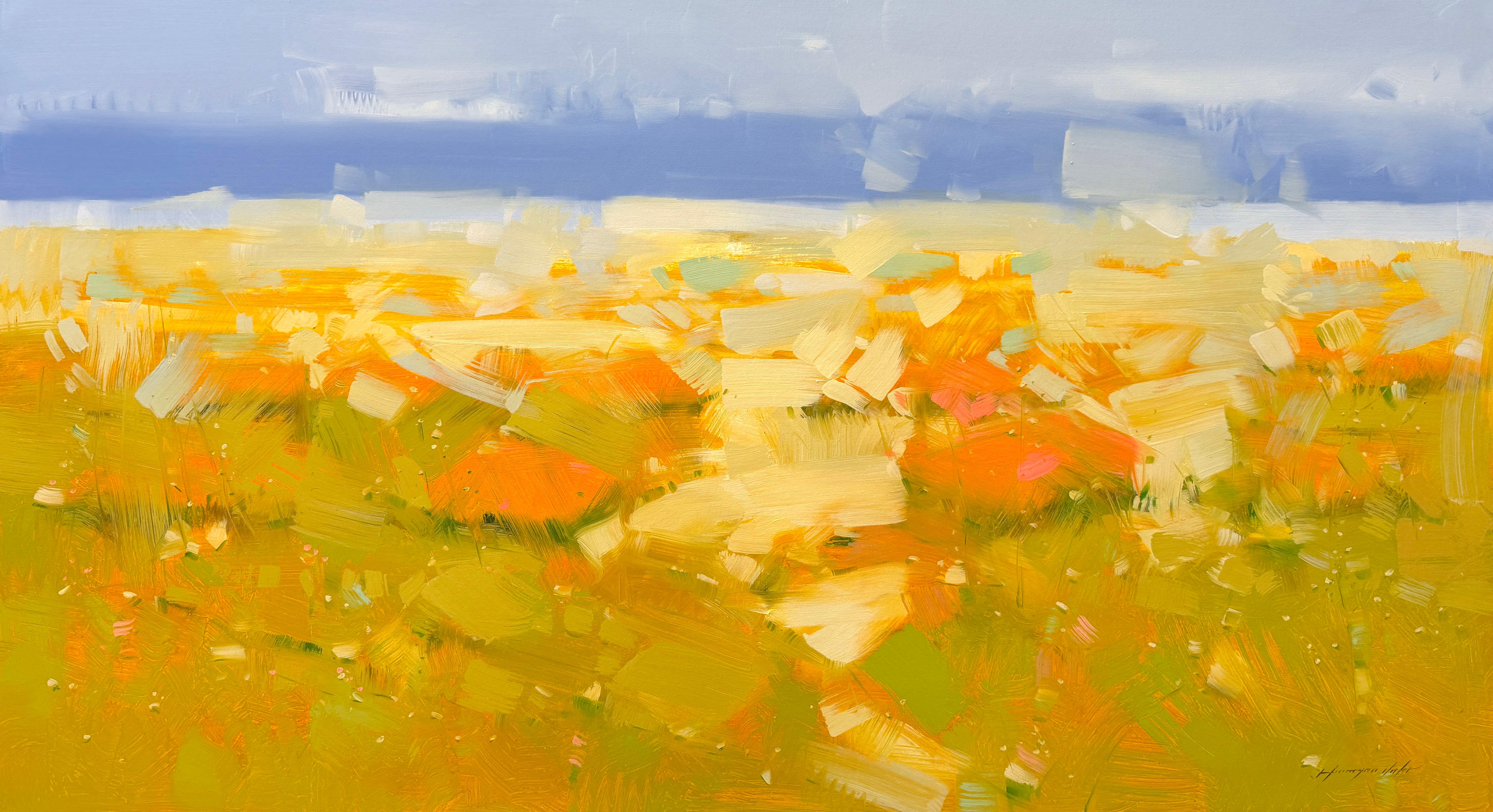 Landscape Painting di Vahe Yeremyan - Paesaggio di papaveri gialli Impressionismo Pittura ad olio originale, pronta da appendere