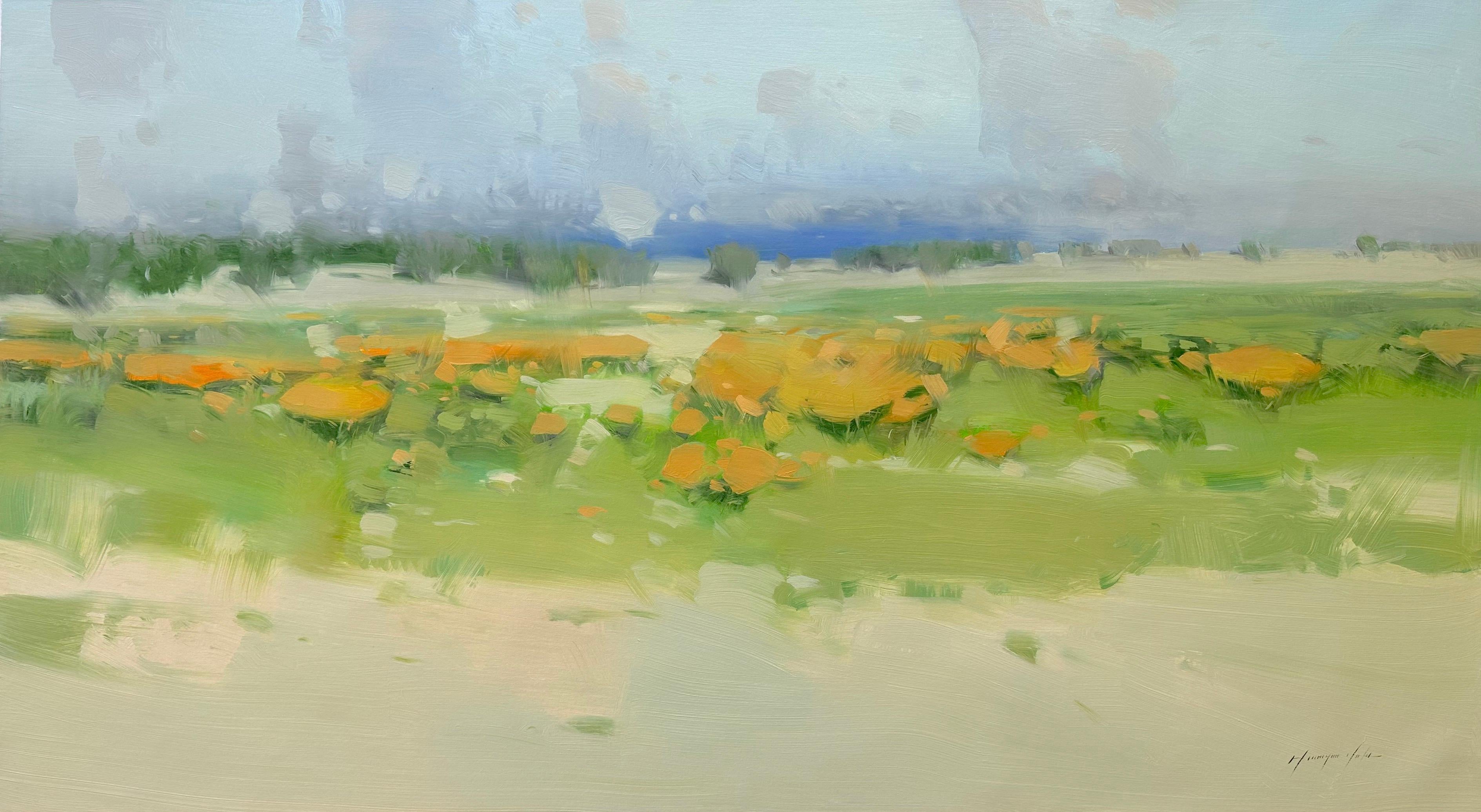 Landscape Painting Vahe Yeremyan - Valley jaune, Flowers, Impressionnisme, peinture à l'huile originale, prête à être accrochée