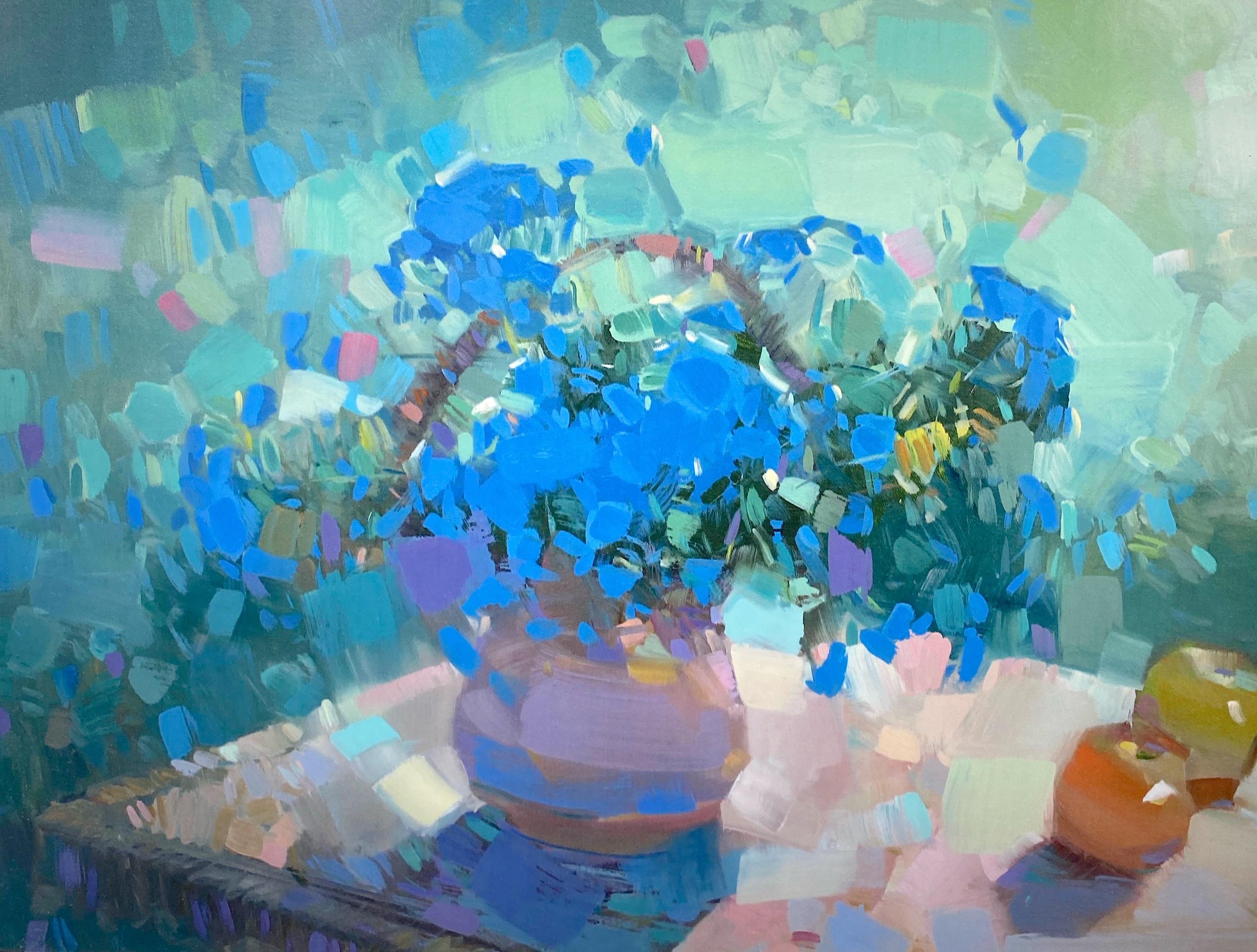 Vahe Yeremyan Still-Life Print - Blue Flowers, Print on Satin Paper, Framed