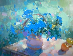 Blue Flowers, Print on Satin Paper, Framed