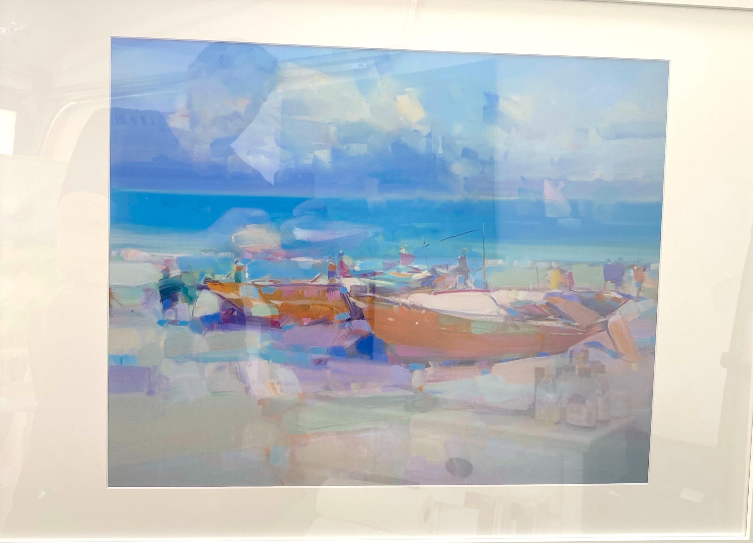 Boats on the Shore, Print on Satin Paper, Framed - Gray Landscape Print by Vahe Yeremyan