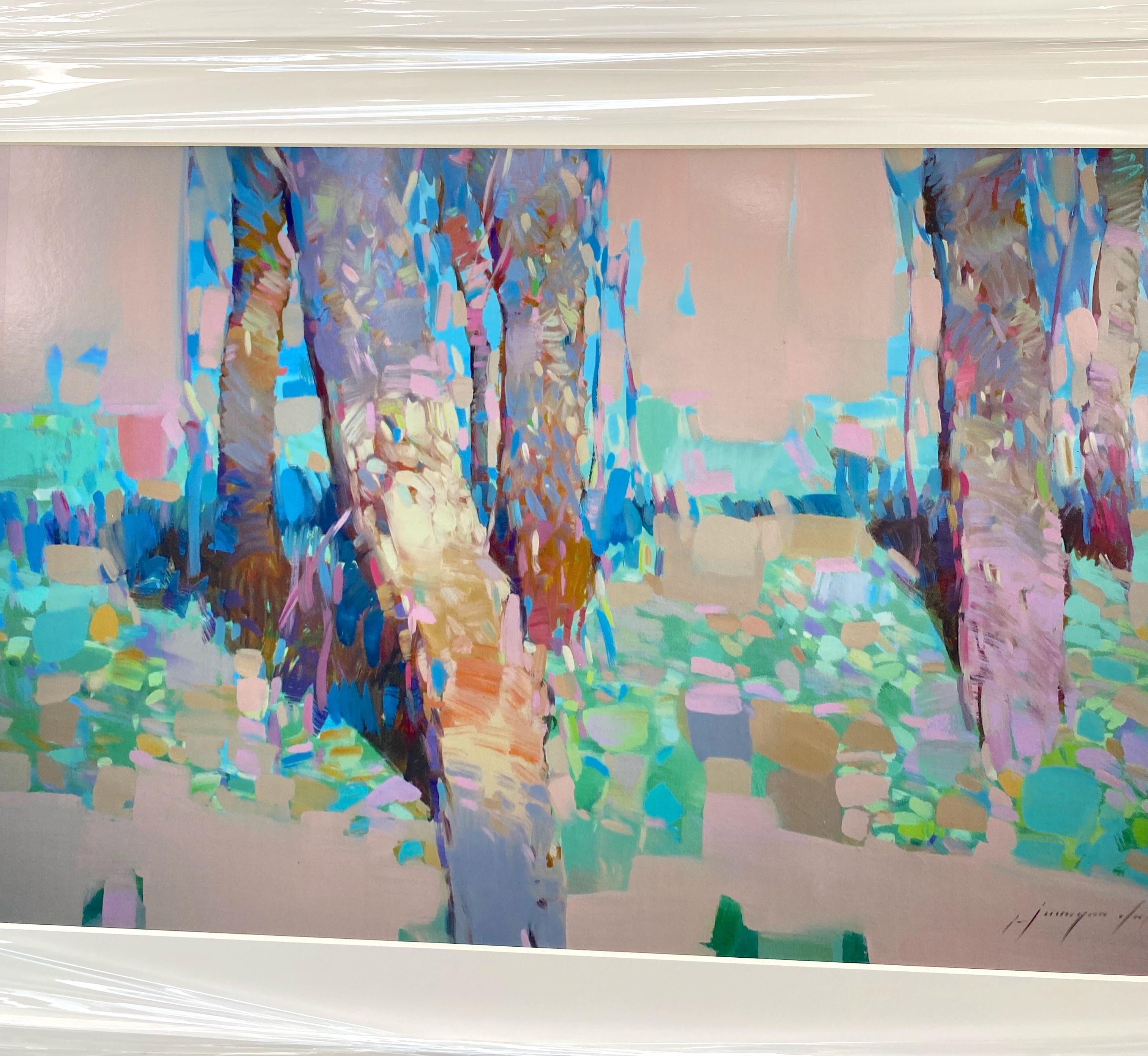 Ockerfarbene Bäume, Druck auf Satinpapier, gerahmt (Impressionismus), Print, von Vahe Yeremyan