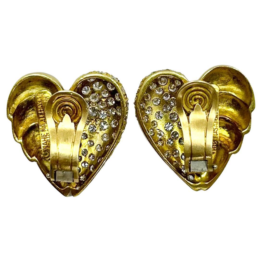 Stamped 1987 Vahenaltchayan 18k YG diamond heart shape ear clip earrings, approx 3 carat full cut diamonds and approx E-F color and approx VS clarity