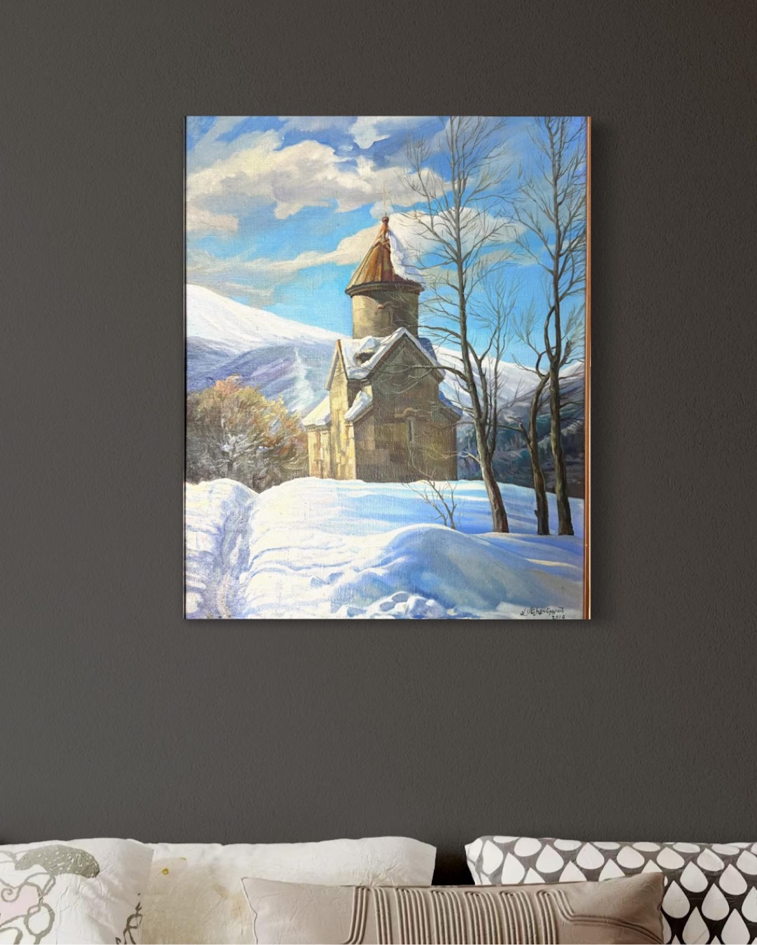 Iglesia armenia Paisaje Impresionismo Pintura al óleo original, Lista para colgar - Painting de Vahram Meliqsetyan