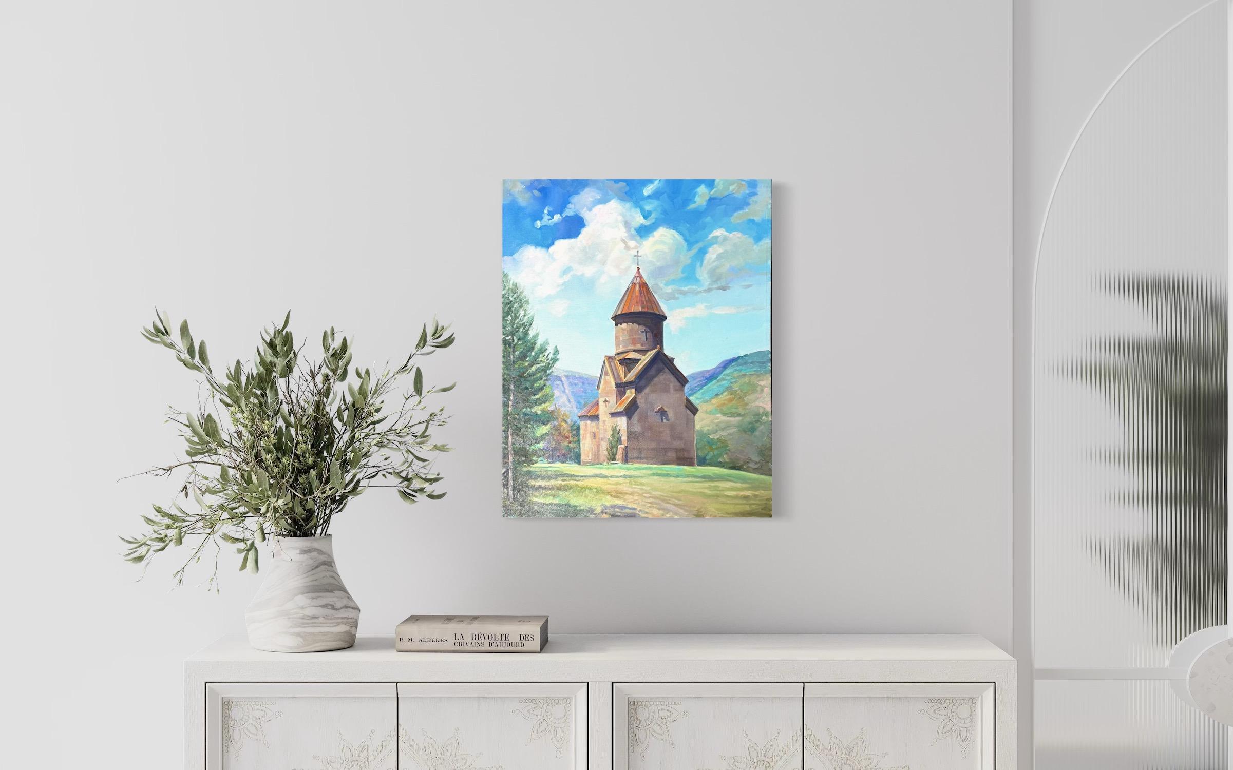 Armenische Church's Landschaft Impressionismus Original Ölgemälde, hängefertig (Grau), Still-Life Painting, von Vahram Meliqsetyan