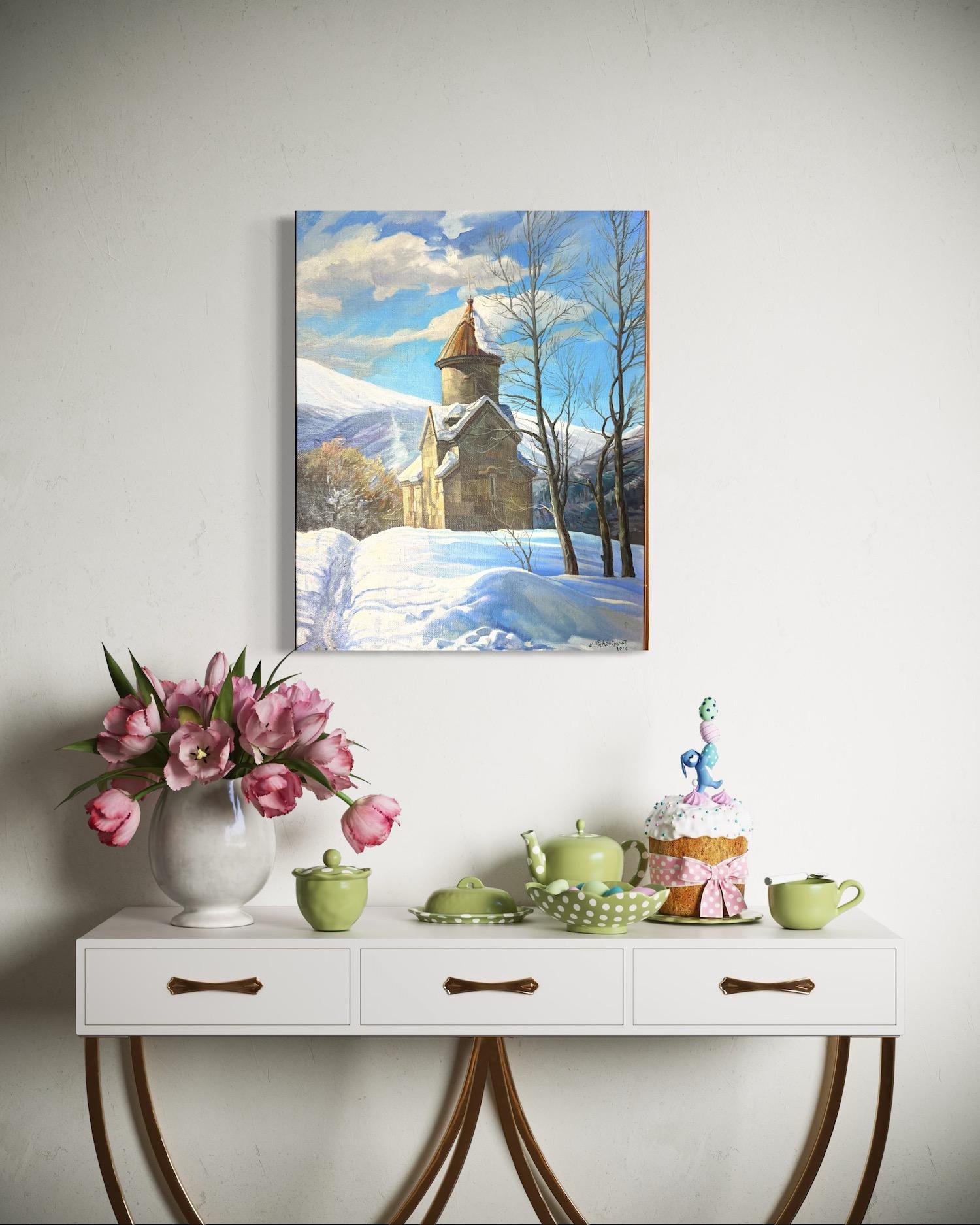 Iglesia armenia Paisaje Impresionismo Pintura al óleo original, Lista para colgar - Landscape Painting Gris de Vahram Meliqsetyan