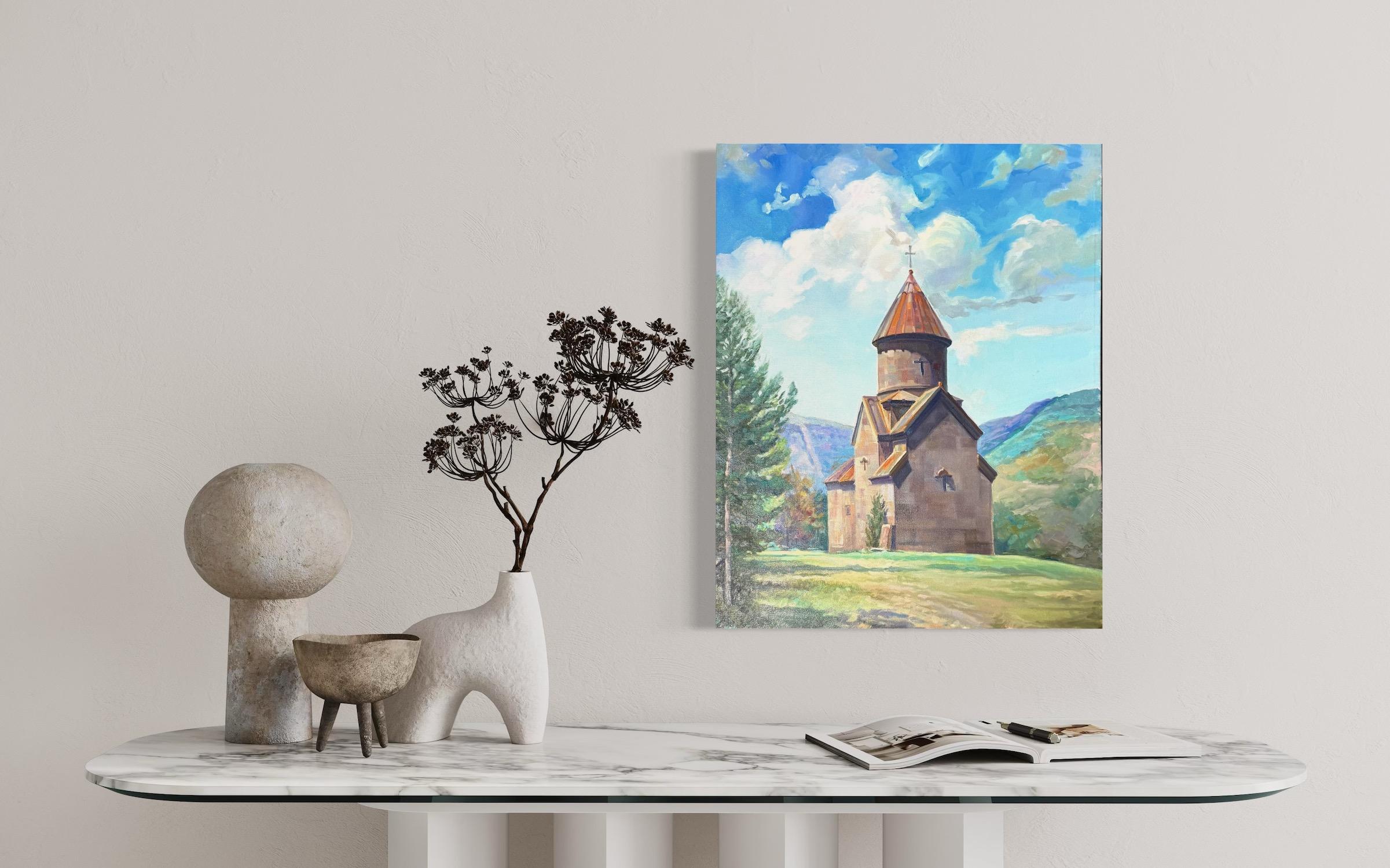 Armenische Church's Landschaft Impressionismus Original Ölgemälde, hängefertig im Angebot 1