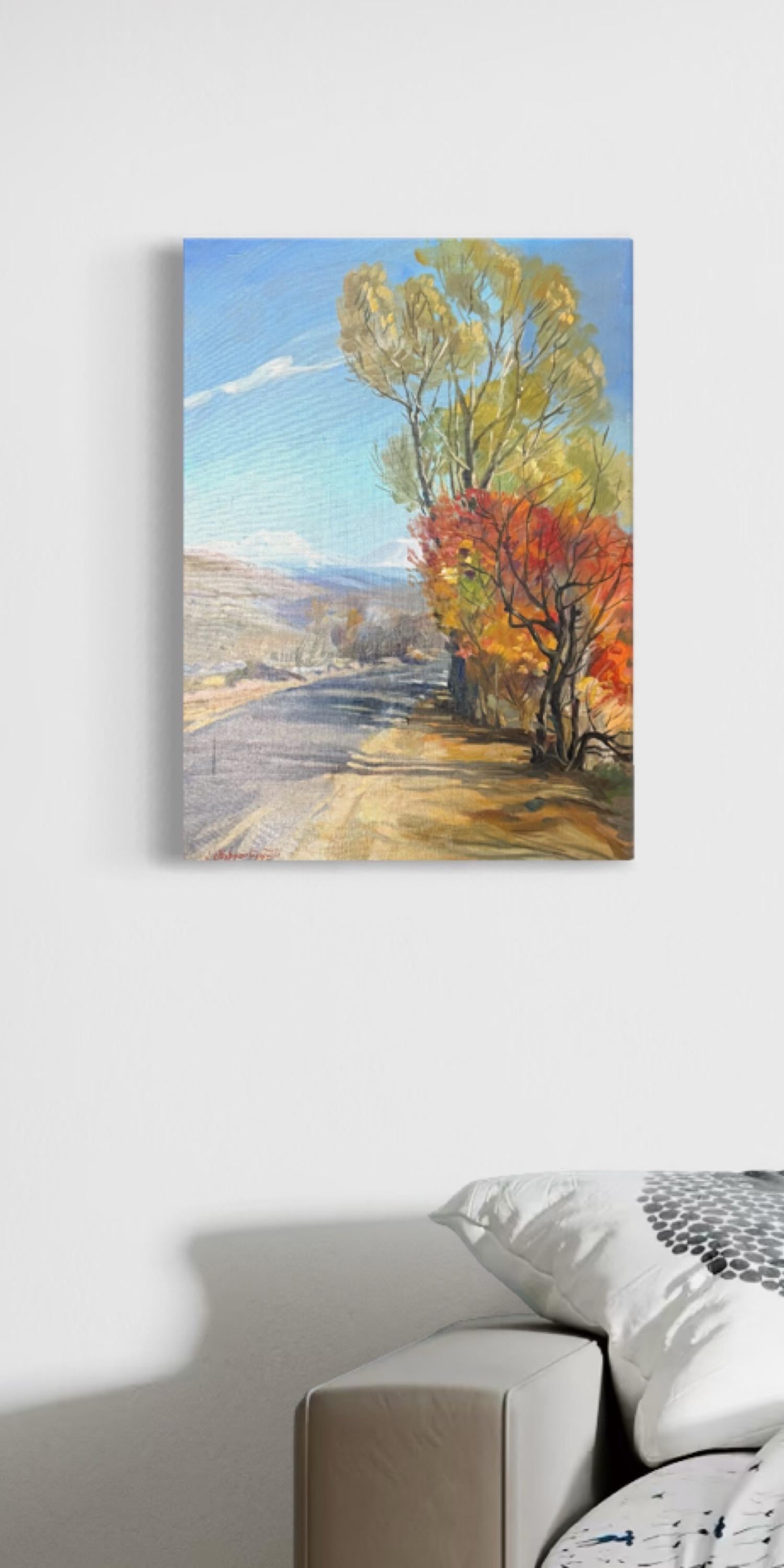 Herbstlandschaft Impressionismus Original Ölgemälde, hängefertig (Grau), Landscape Painting, von Vahram Meliqsetyan