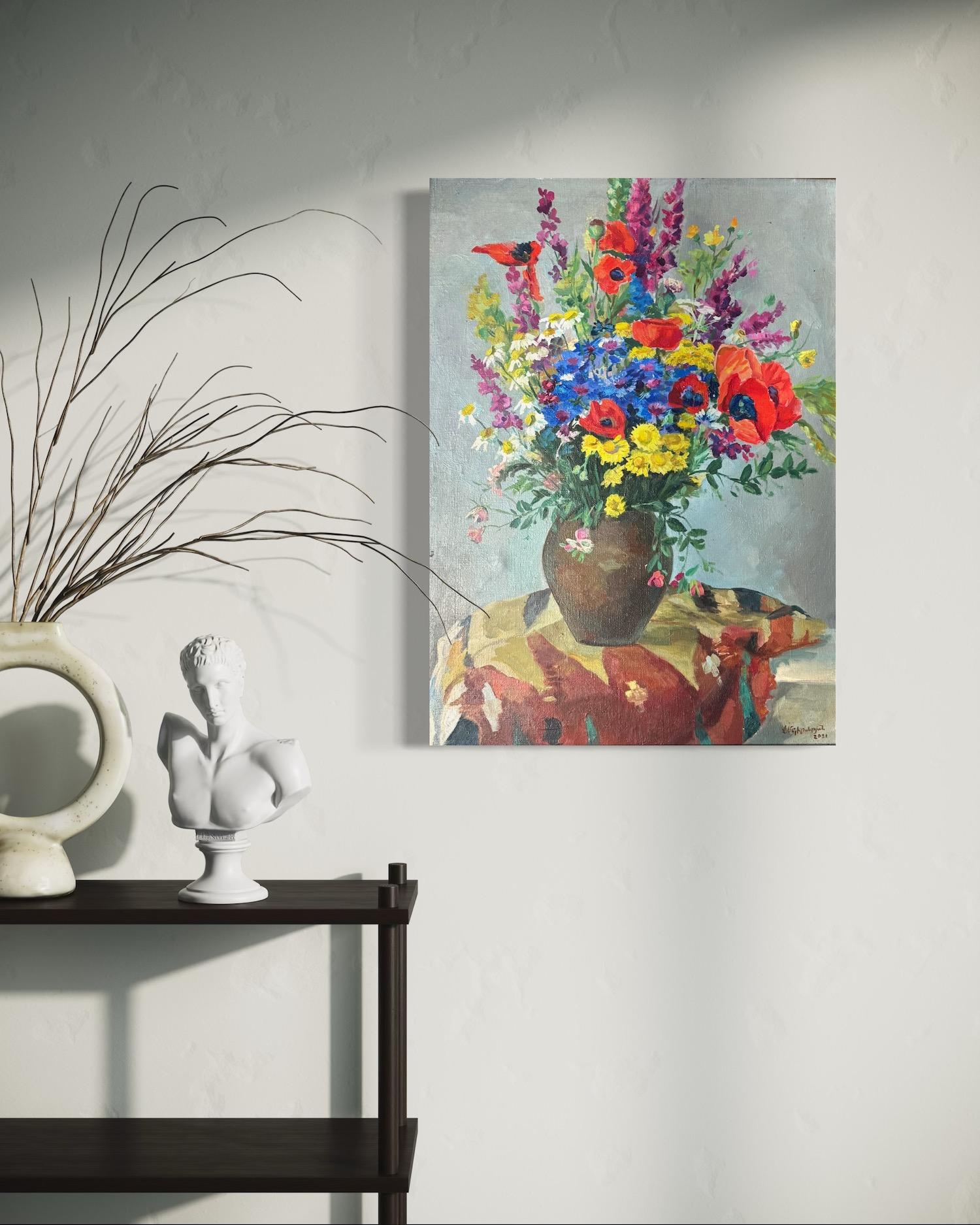 Fiori Natura morta Impressionismo Pittura a olio originale, pronta da appendere - Painting di Vahram Meliqsetyan