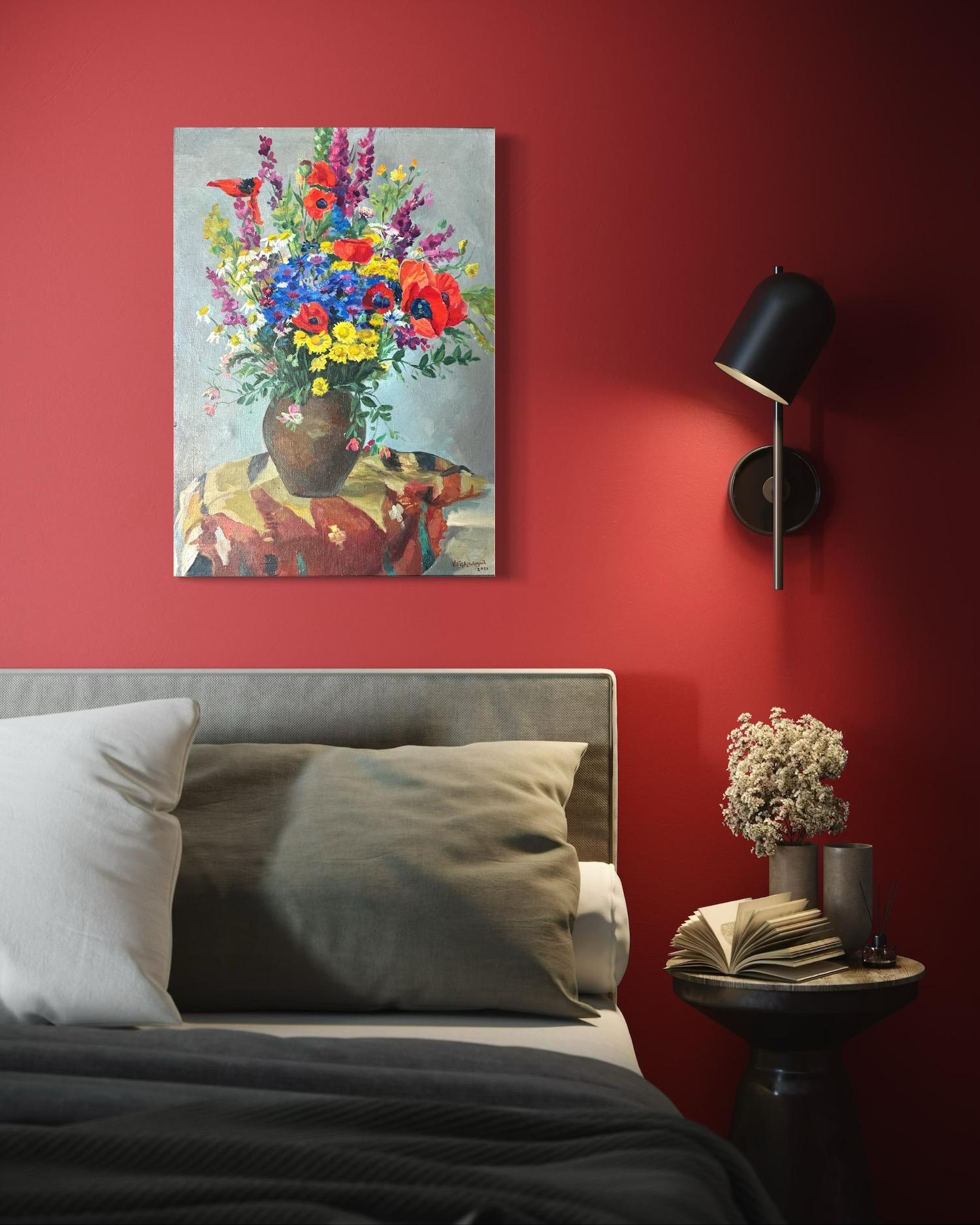 Fiori Natura morta Impressionismo Pittura a olio originale, pronta da appendere - Still-Life Painting Grigio di Vahram Meliqsetyan