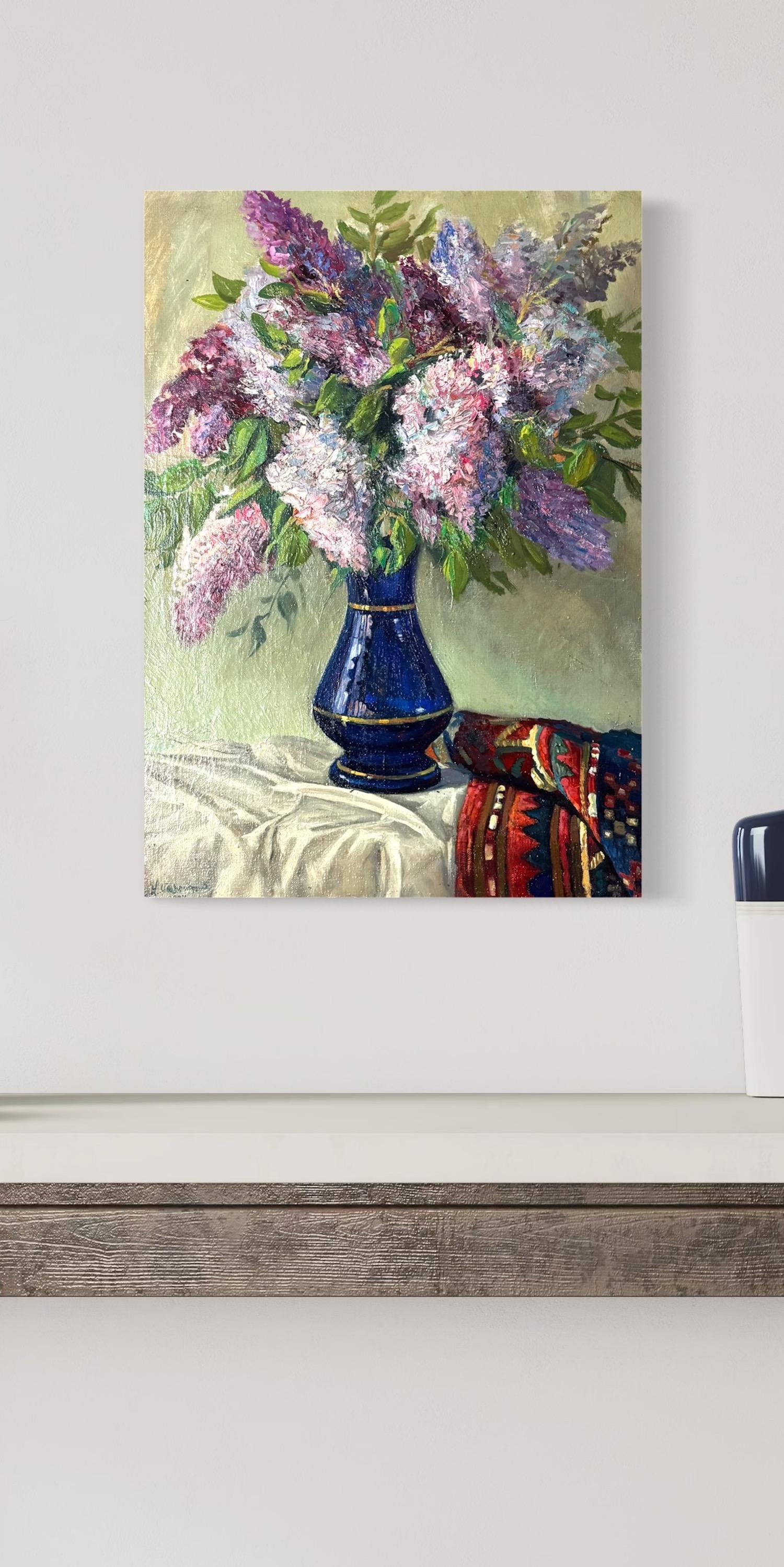 Lilas Bodegón Impresionismo Pintura al óleo original, Lista para colgar - Painting de Vahram Meliqsetyan