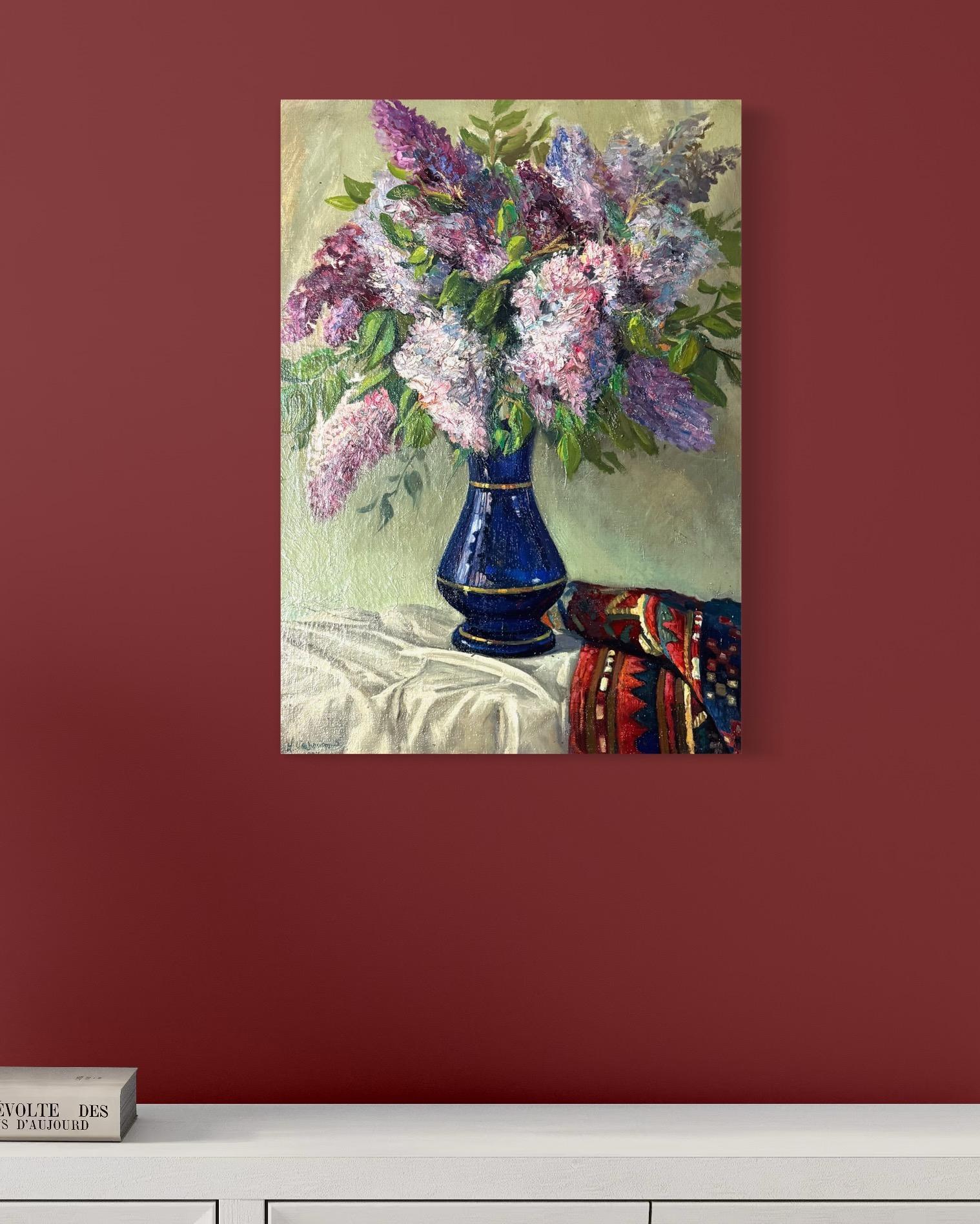 Lilas Bodegón Impresionismo Pintura al óleo original, Lista para colgar - Still-Life Painting Gris de Vahram Meliqsetyan