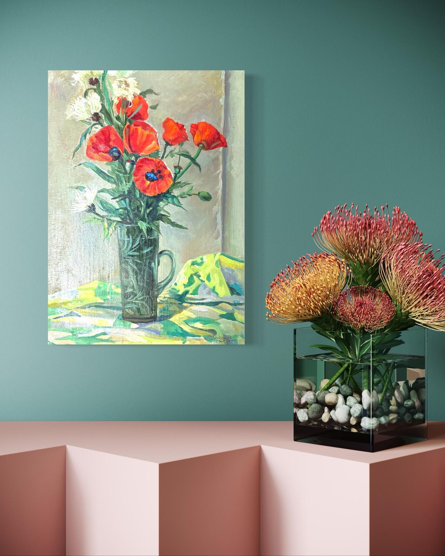 Amapolas Bodegón Impresionismo Pintura al óleo original, Lista para colgar - Painting de Vahram Meliqsetyan